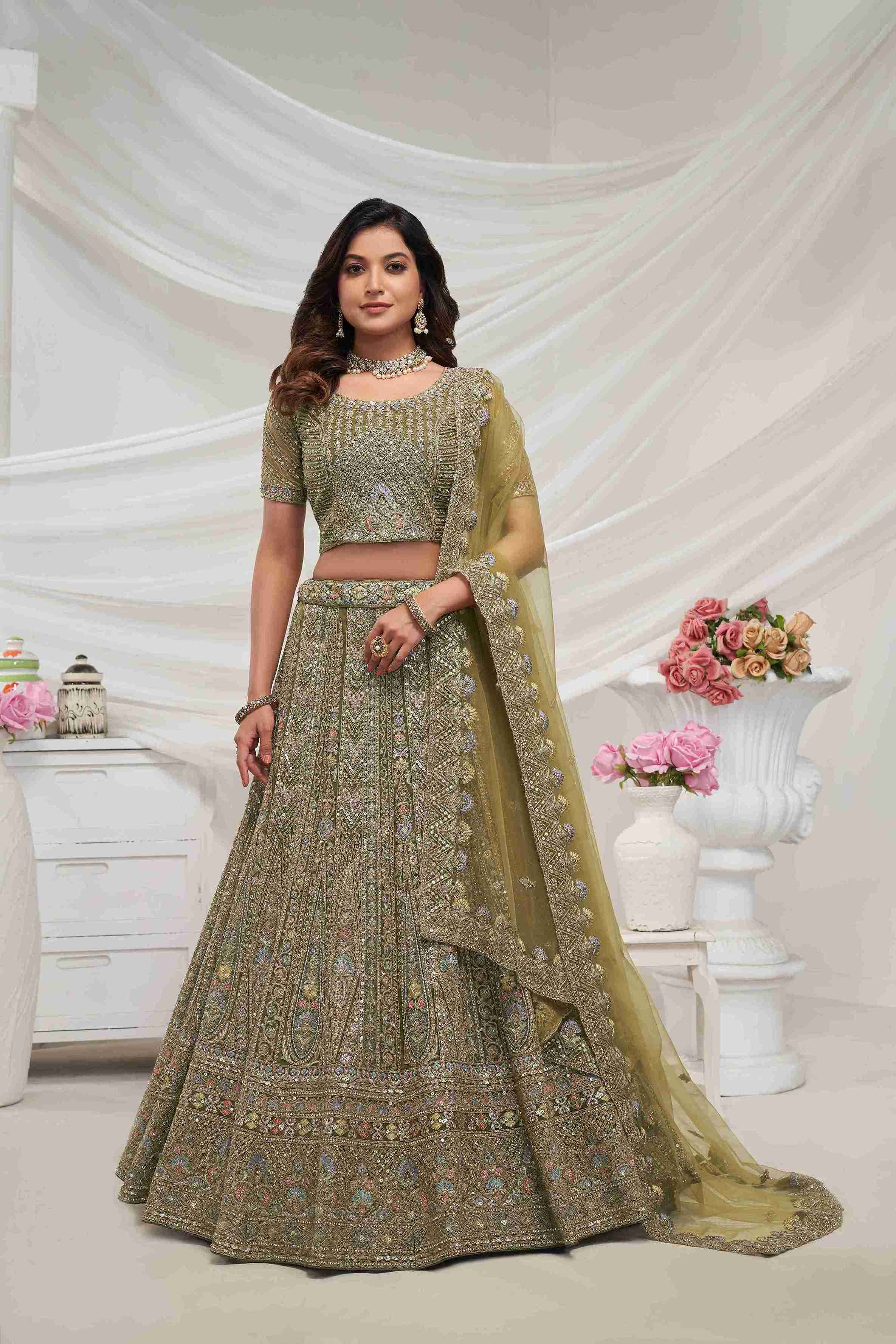 Olive Green Net A Line Embroidered Sequins Bridal Lehenga Choli