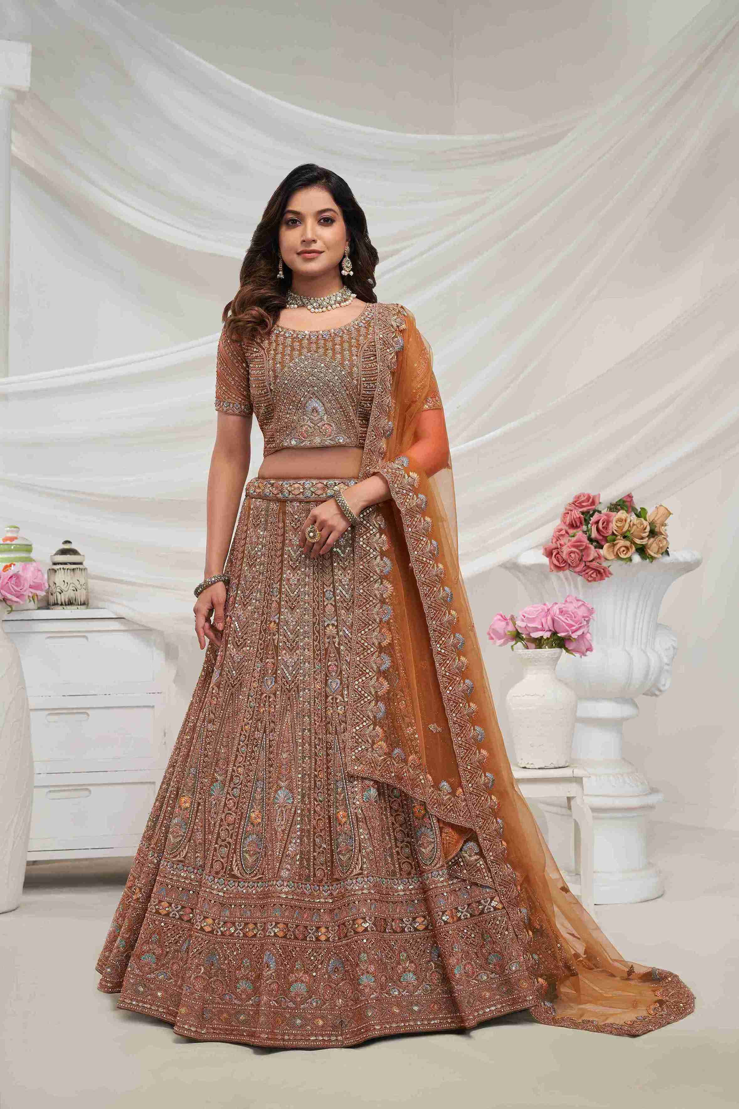 Rust Orange Net A Line Embroidered Sequins Bridal Lehenga Choli