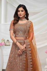 Rust Orange Net A Line Embroidered Sequins Bridal Lehenga Choli