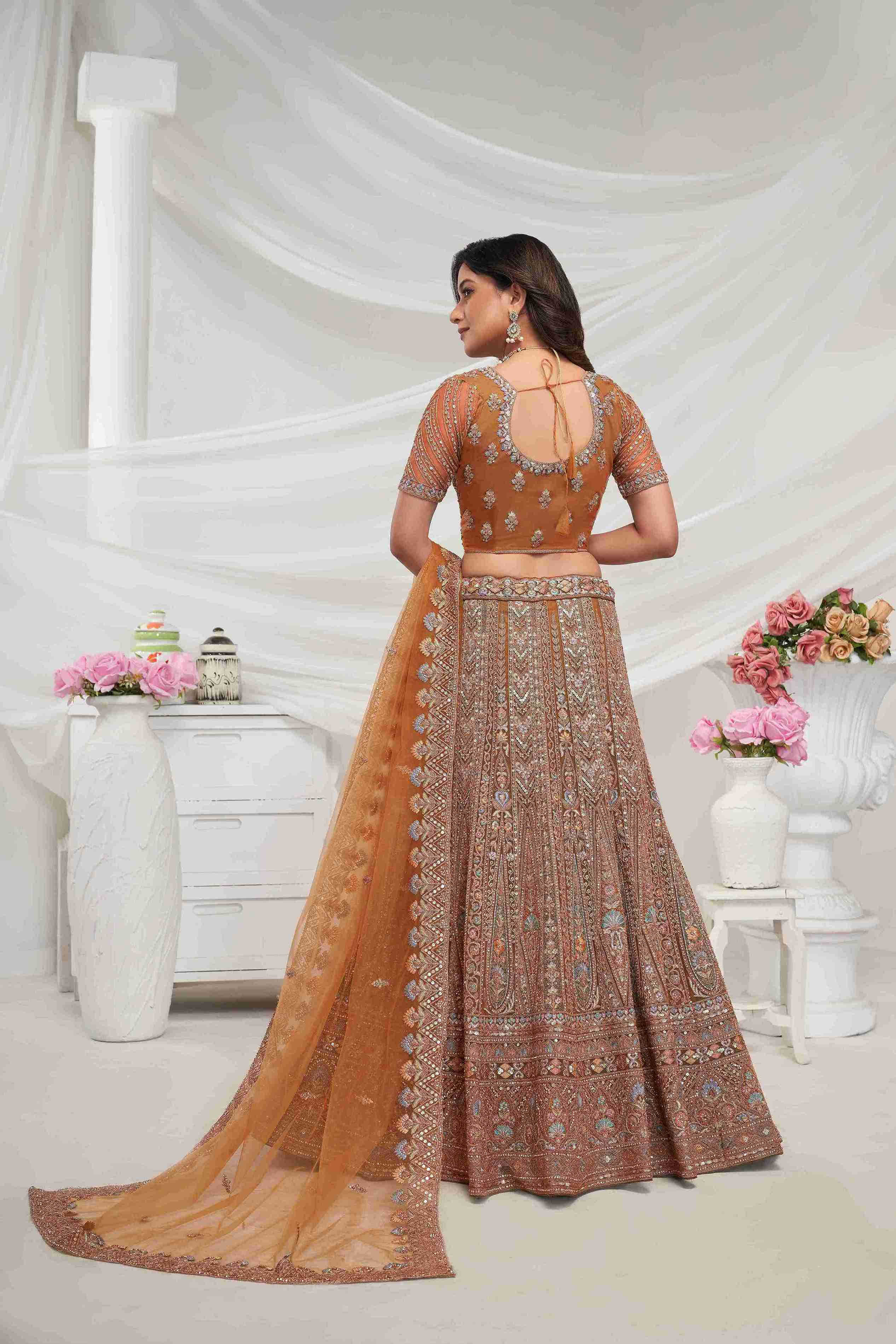 Rust Orange Net A Line Embroidered Sequins Bridal Lehenga Choli