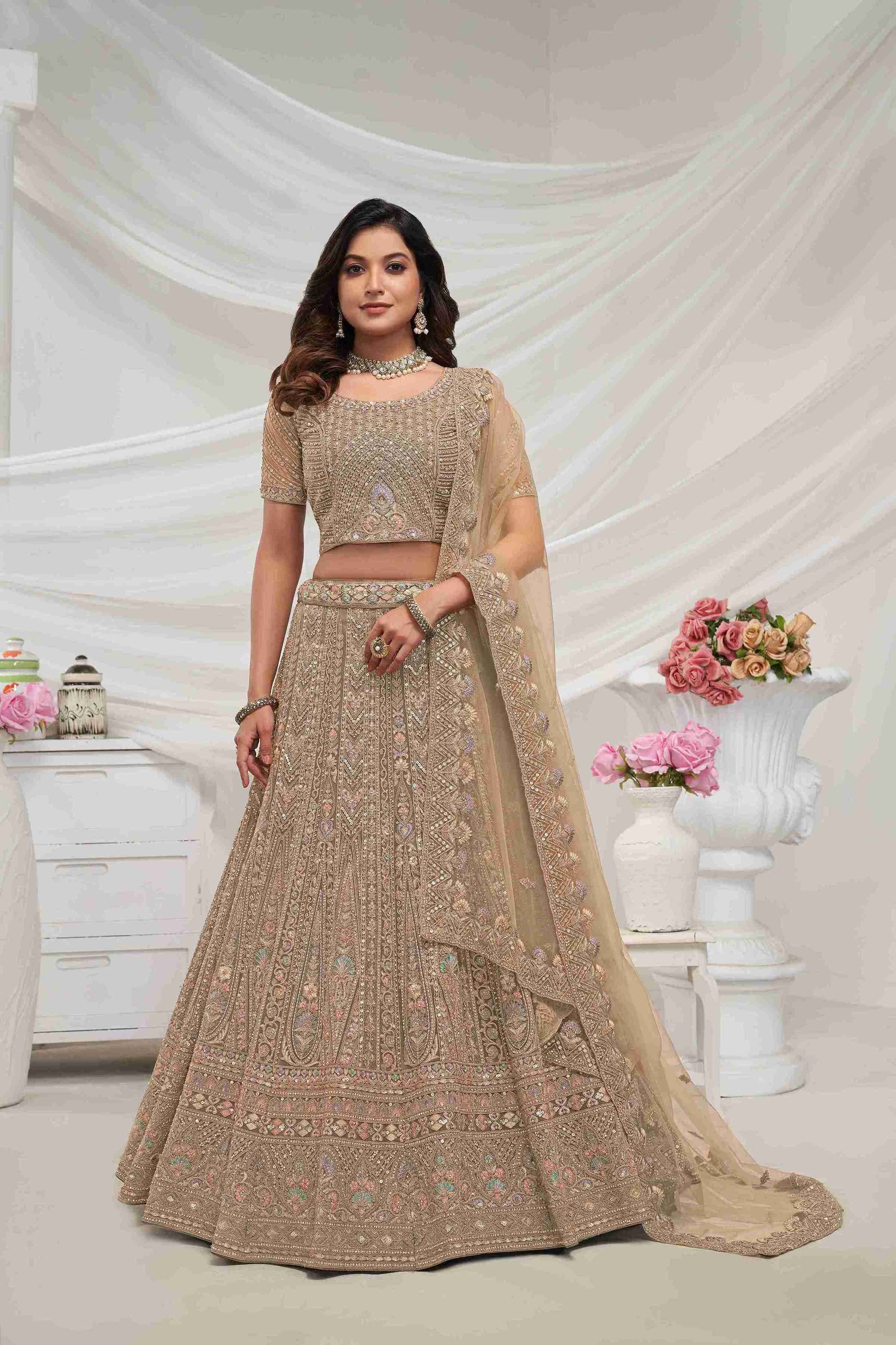 Beige Net A Line Embroidered Sequins Bridal Lehenga Choli