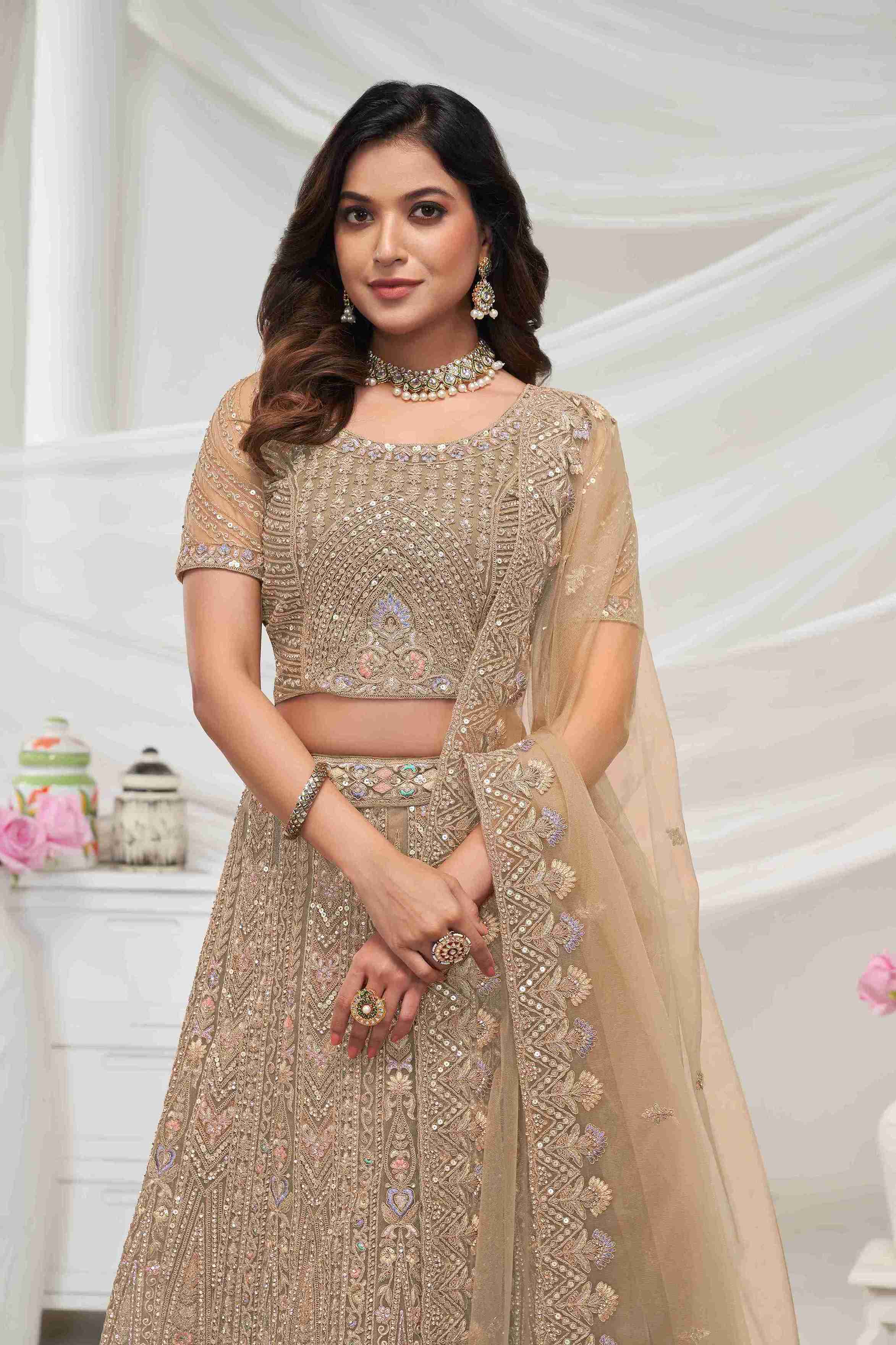 Beige Net A Line Embroidered Sequins Bridal Lehenga Choli