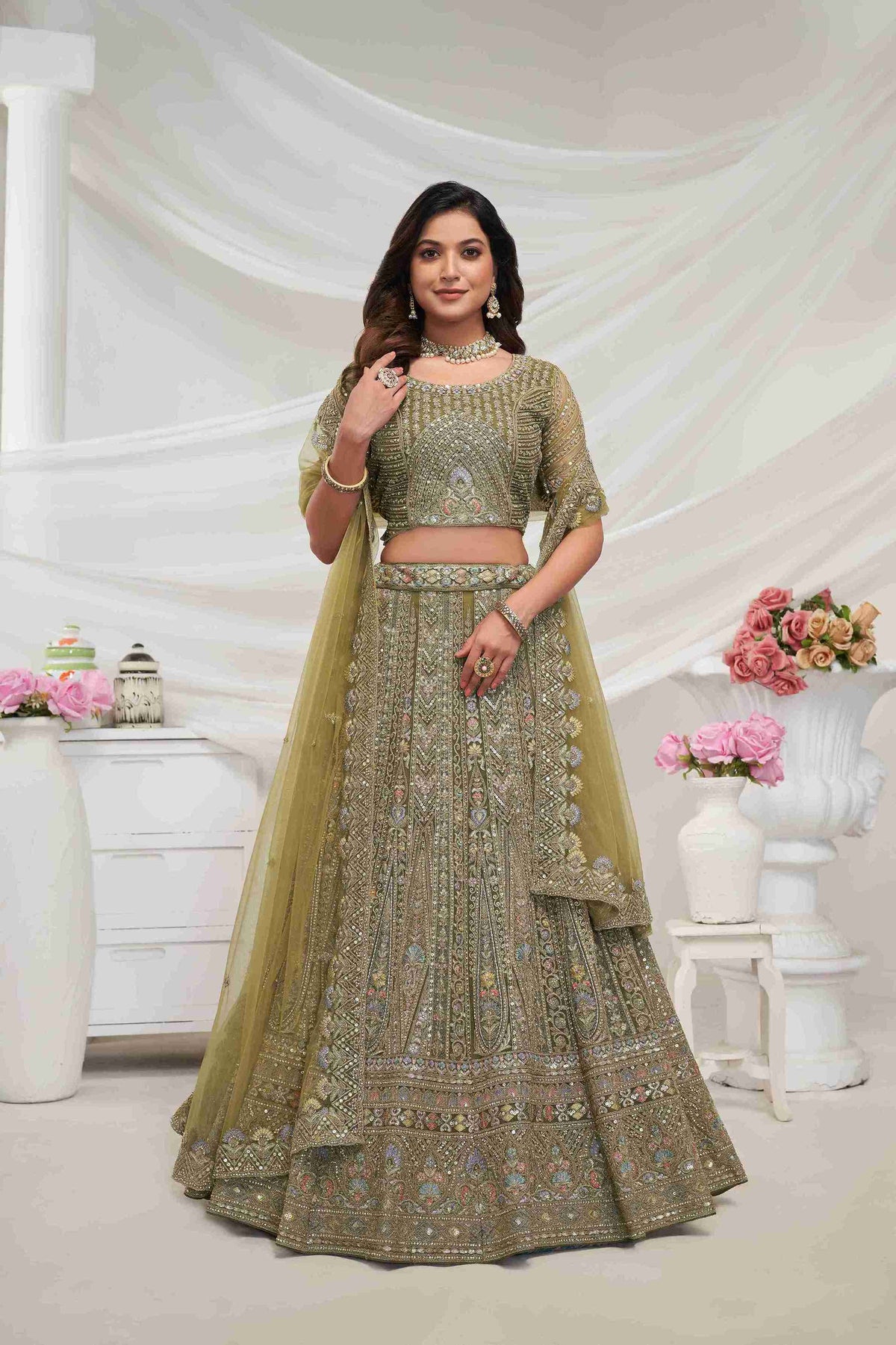 Olive Green Net A Line Embroidered Sequins Bridal Lehenga Choli