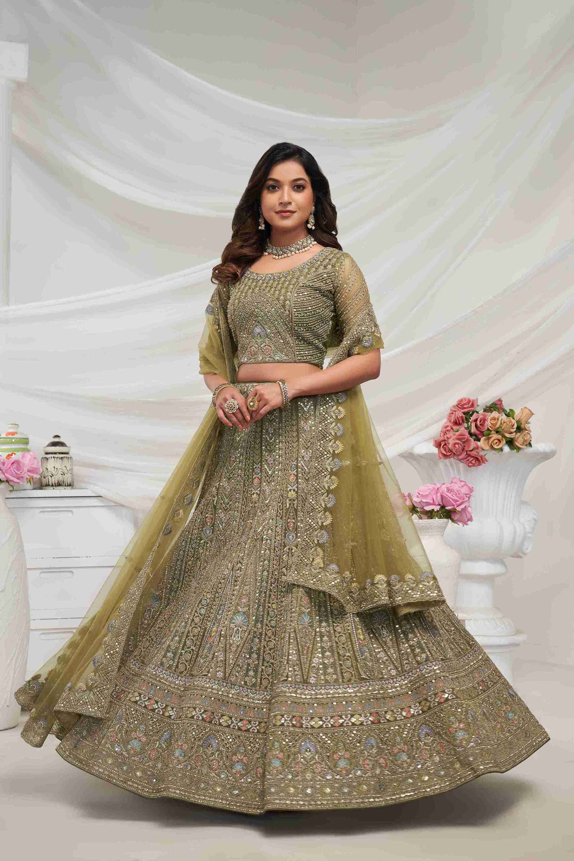 Olive Green Net A Line Embroidered Sequins Bridal Lehenga Choli