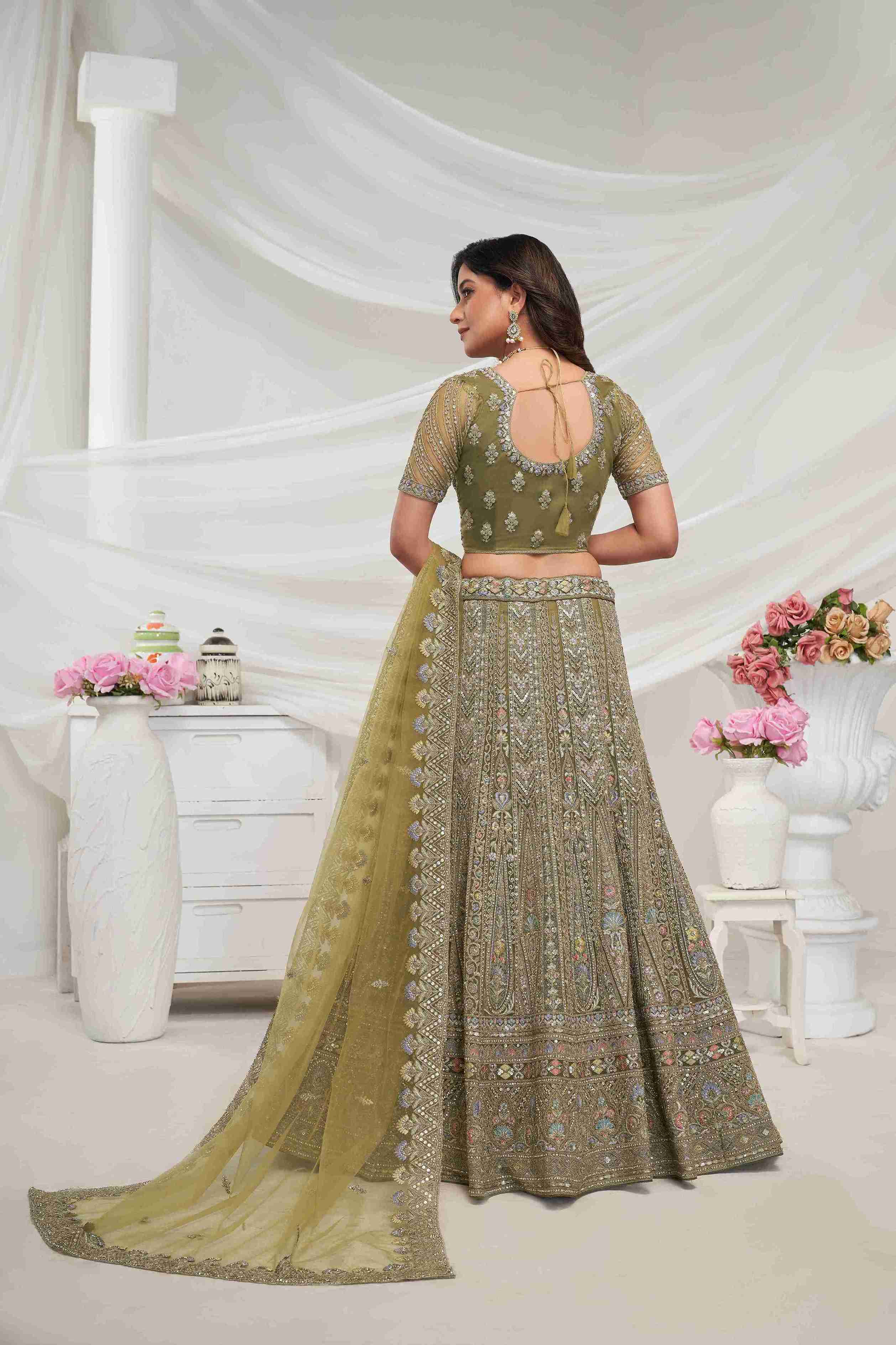 Olive Green Net A Line Embroidered Sequins Bridal Lehenga Choli