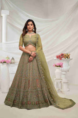 Olive Green Net A Line Embroidered Sequins Bridal Lehenga Choli