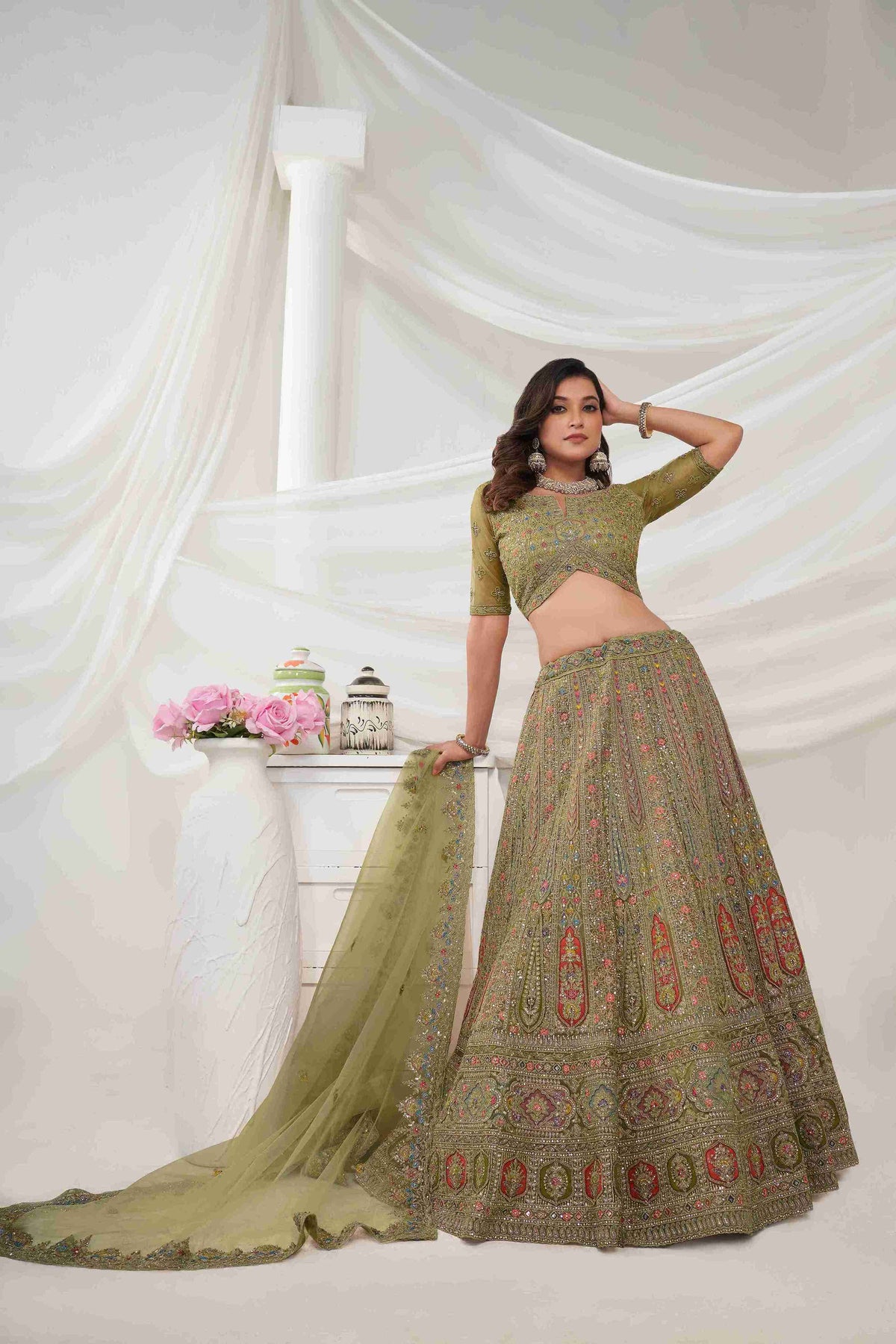 Olive Green Net A Line Embroidered Sequins Bridal Lehenga Choli