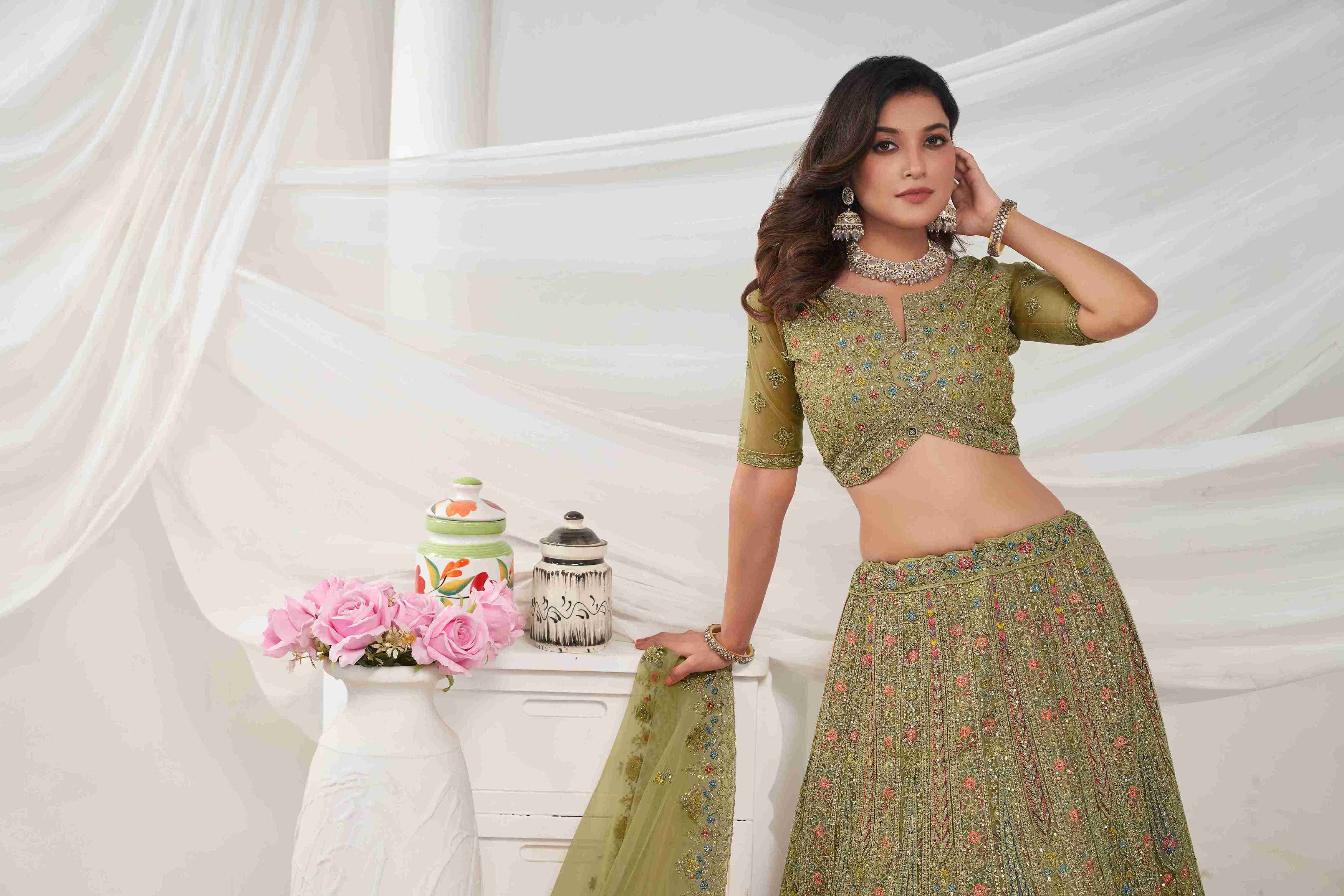 Olive Green Net A Line Embroidered Sequins Bridal Lehenga Choli