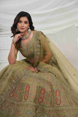 Olive Green Net A Line Embroidered Sequins Bridal Lehenga Choli