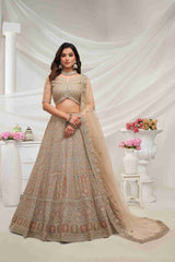 Beige Net A Line Embroidered Sequins Bridal Lehenga Choli