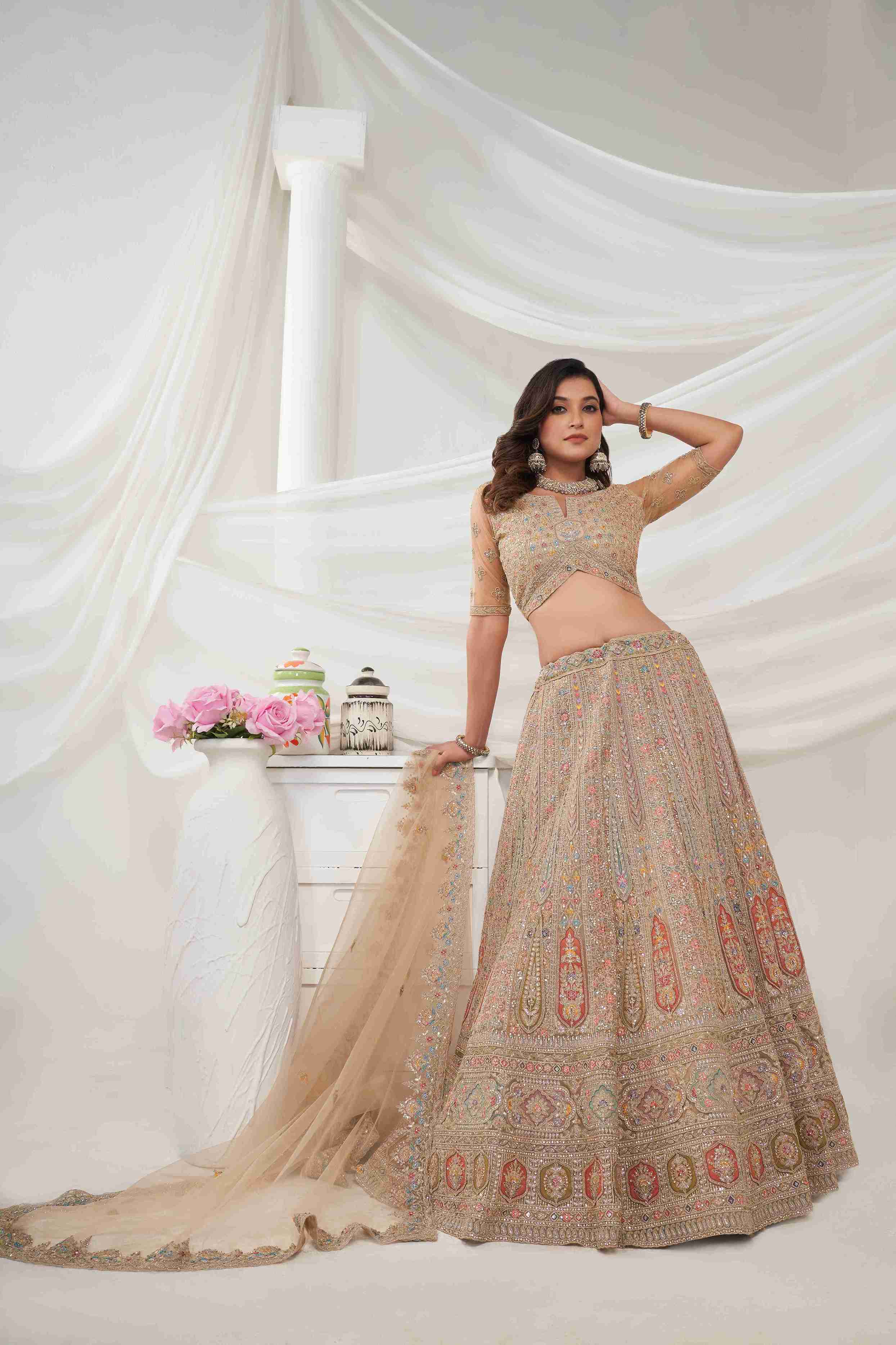 Beige Net A Line Embroidered Sequins Bridal Lehenga Choli