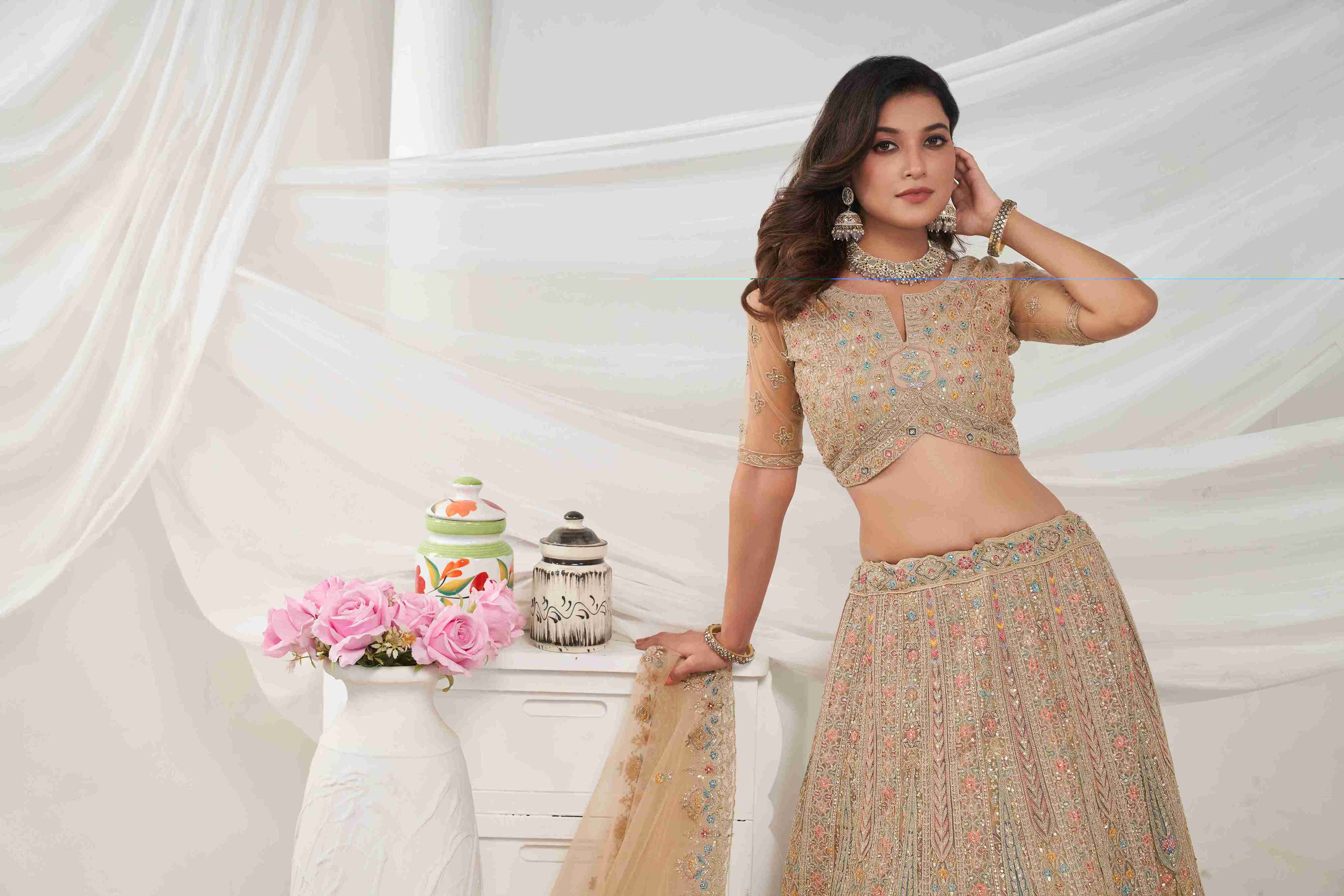 Beige Net A Line Embroidered Sequins Bridal Lehenga Choli