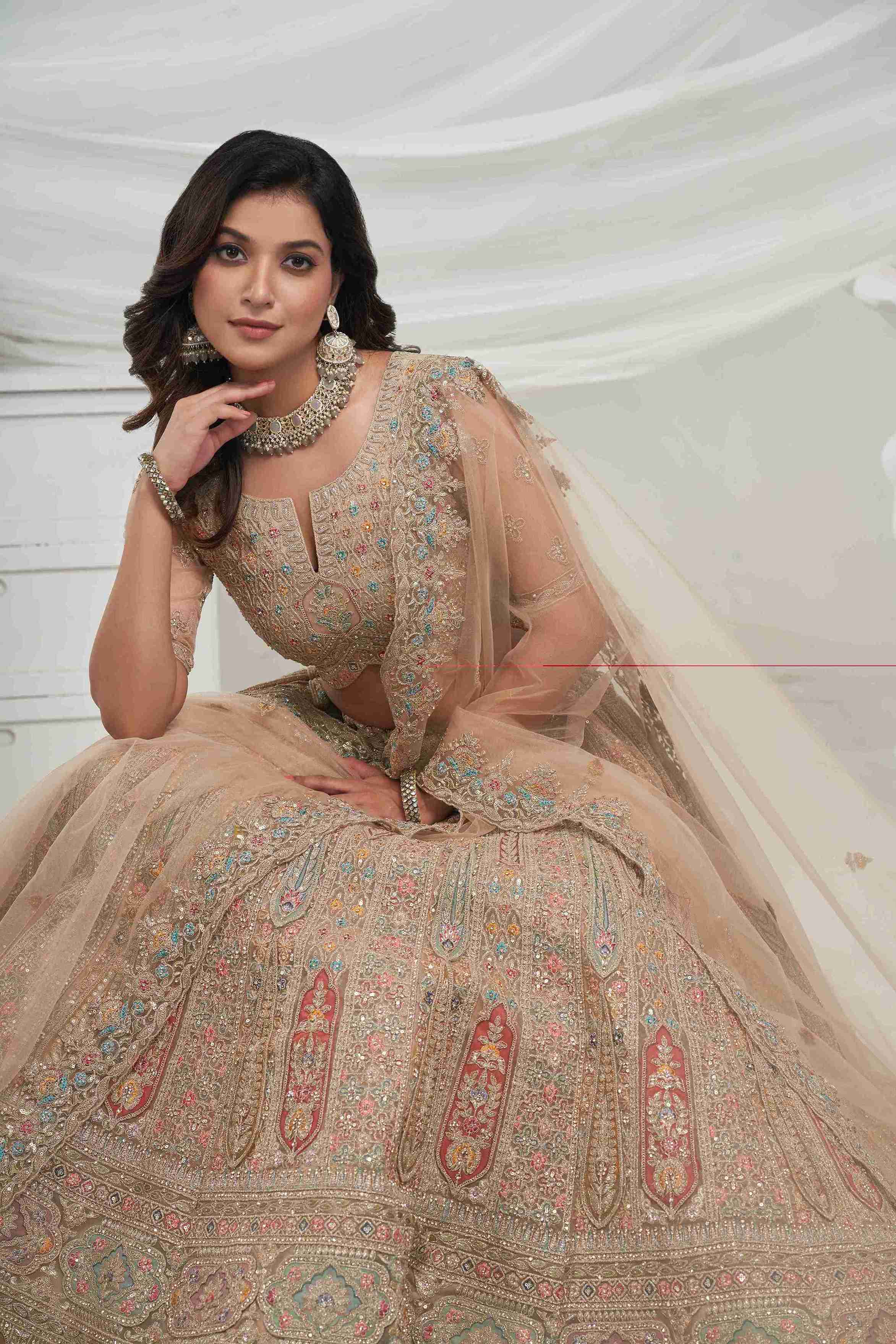 Beige Net A Line Embroidered Sequins Bridal Lehenga Choli