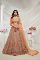 Rust Orange Net A Line Embroidered Sequins Bridal Lehenga Choli