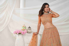 Rust Orange Net A Line Embroidered Sequins Bridal Lehenga Choli