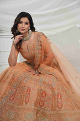 Rust Orange Net A Line Embroidered Sequins Bridal Lehenga Choli