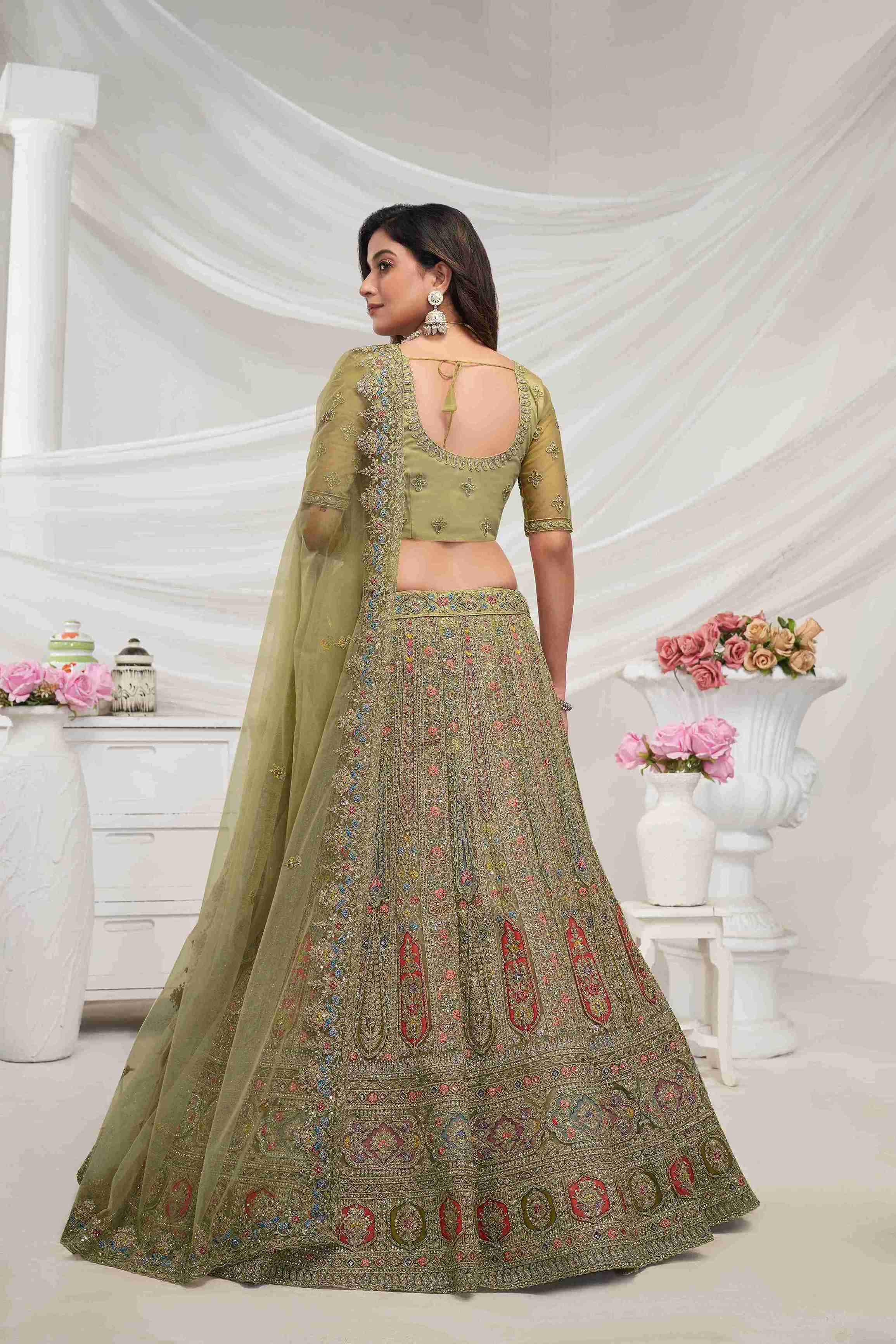 Olive Green Net A Line Embroidered Sequins Bridal Lehenga Choli