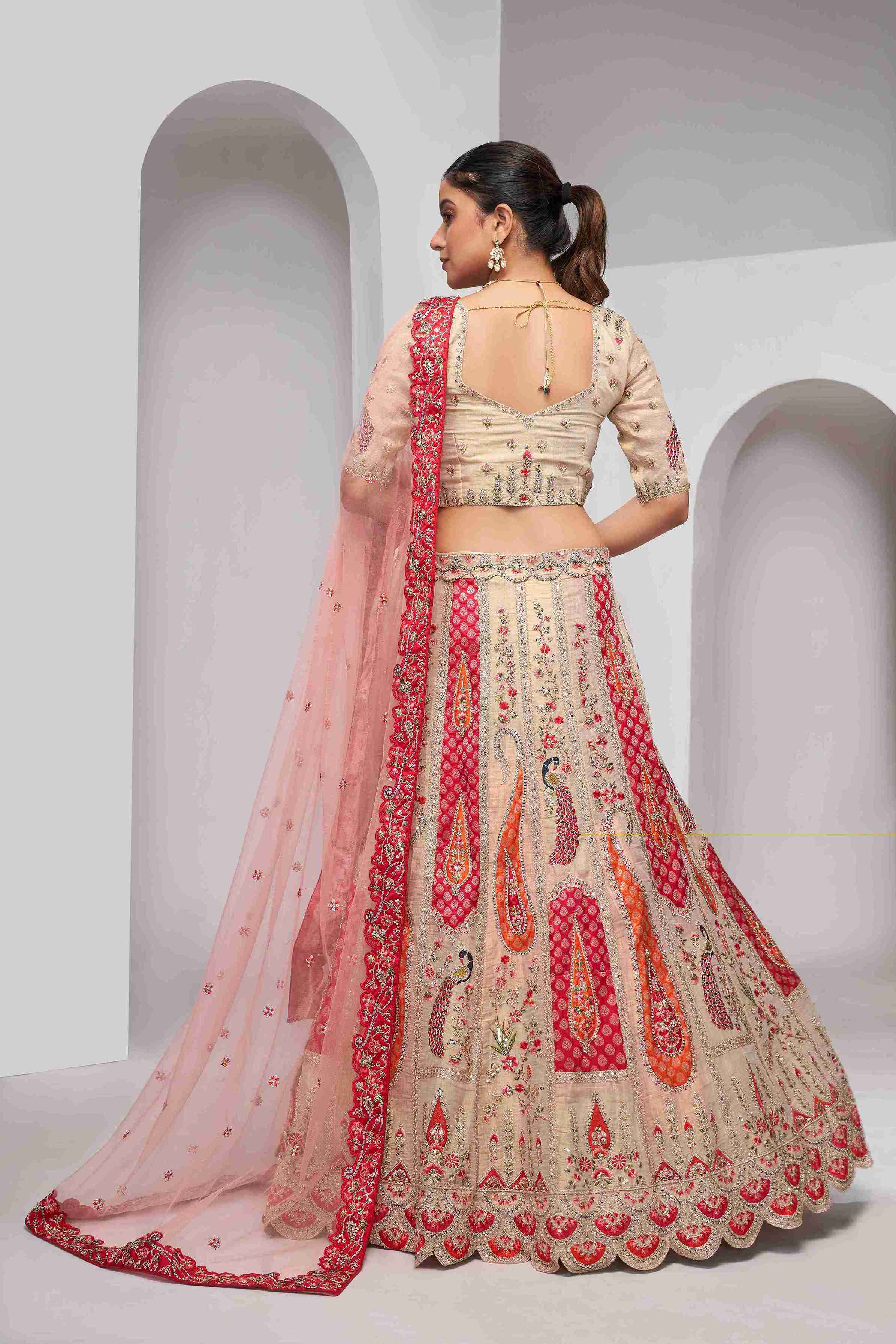 Cream Organza Silk A Line Embroidered Sequins Bridal Lehenga Choli