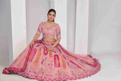 Pink Organza Silk A Line Embroidered Sequins Bridal Lehenga Choli