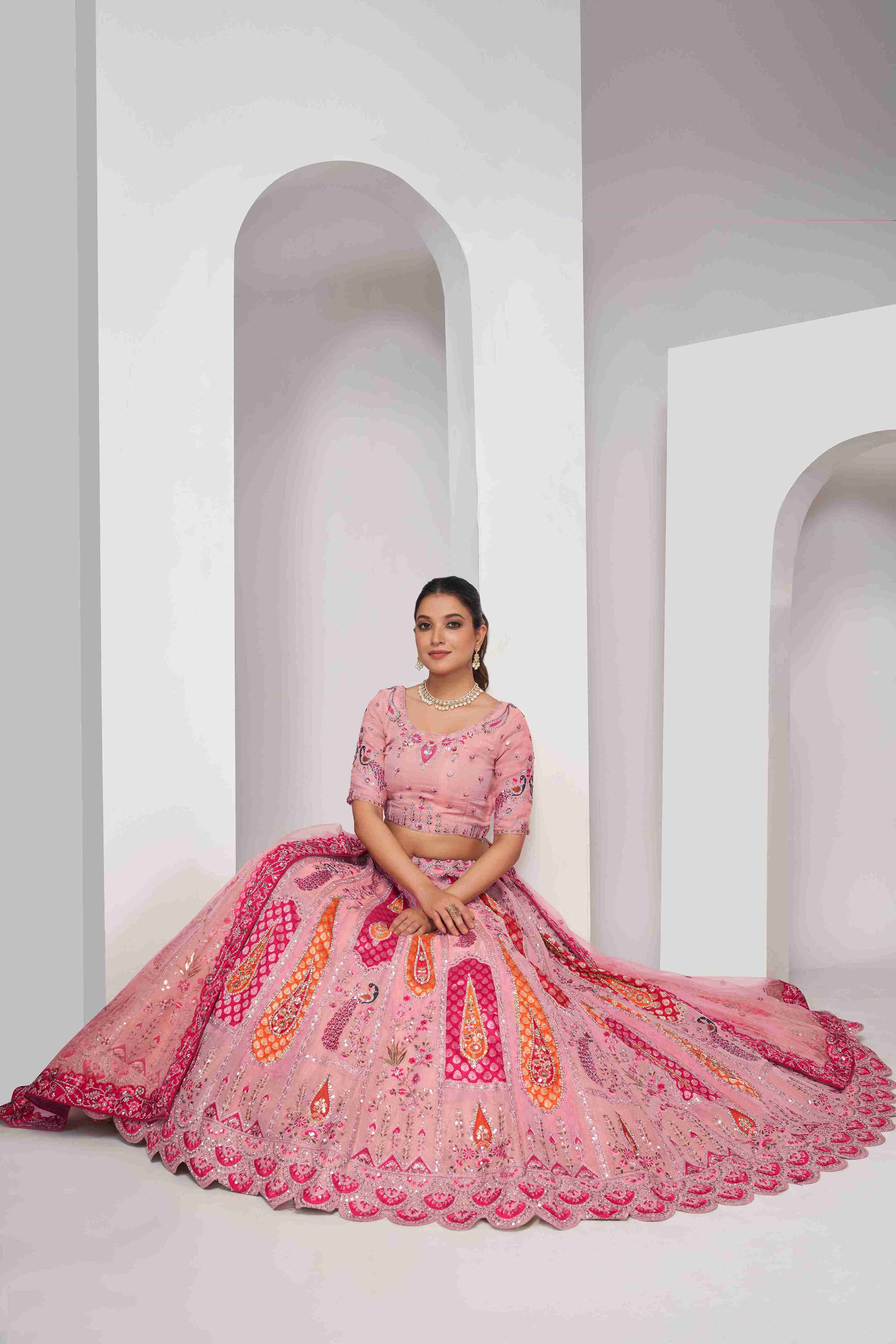 Pink Organza Silk A Line Embroidered Sequins Bridal Lehenga Choli