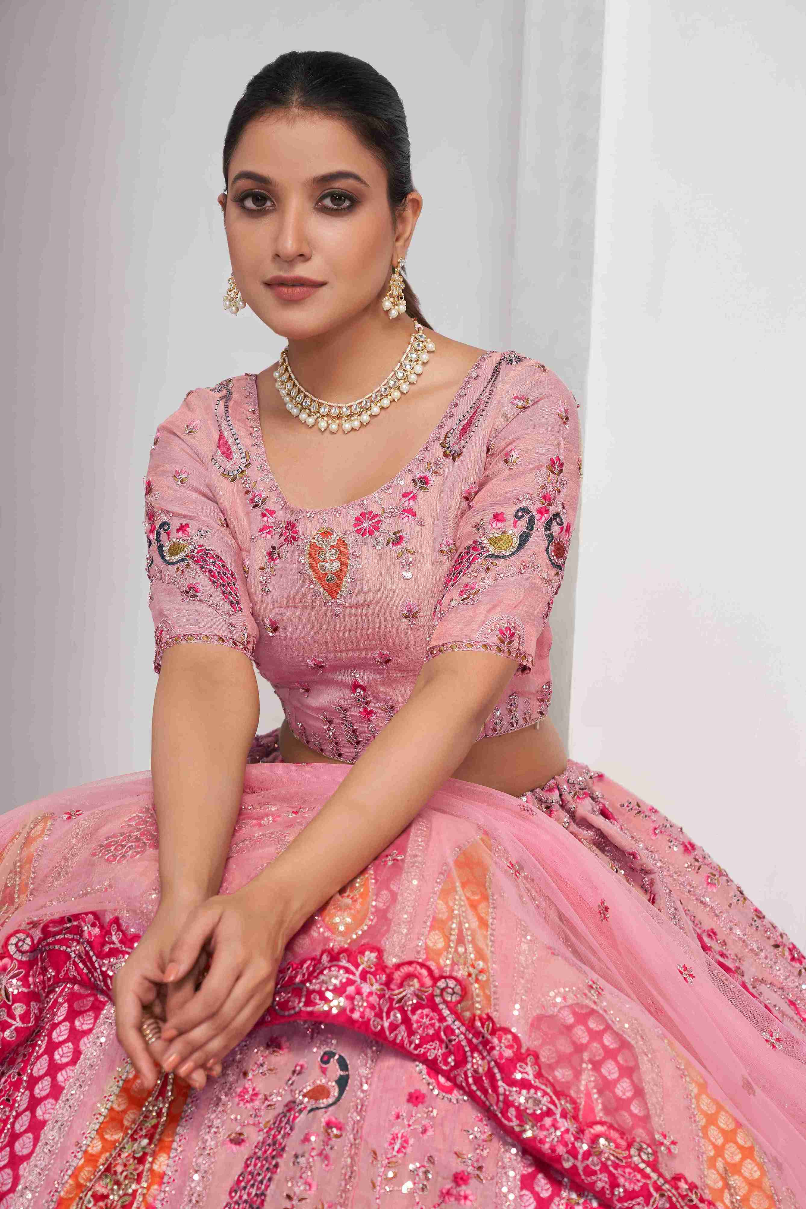 Pink Organza Silk A Line Embroidered Sequins Bridal Lehenga Choli