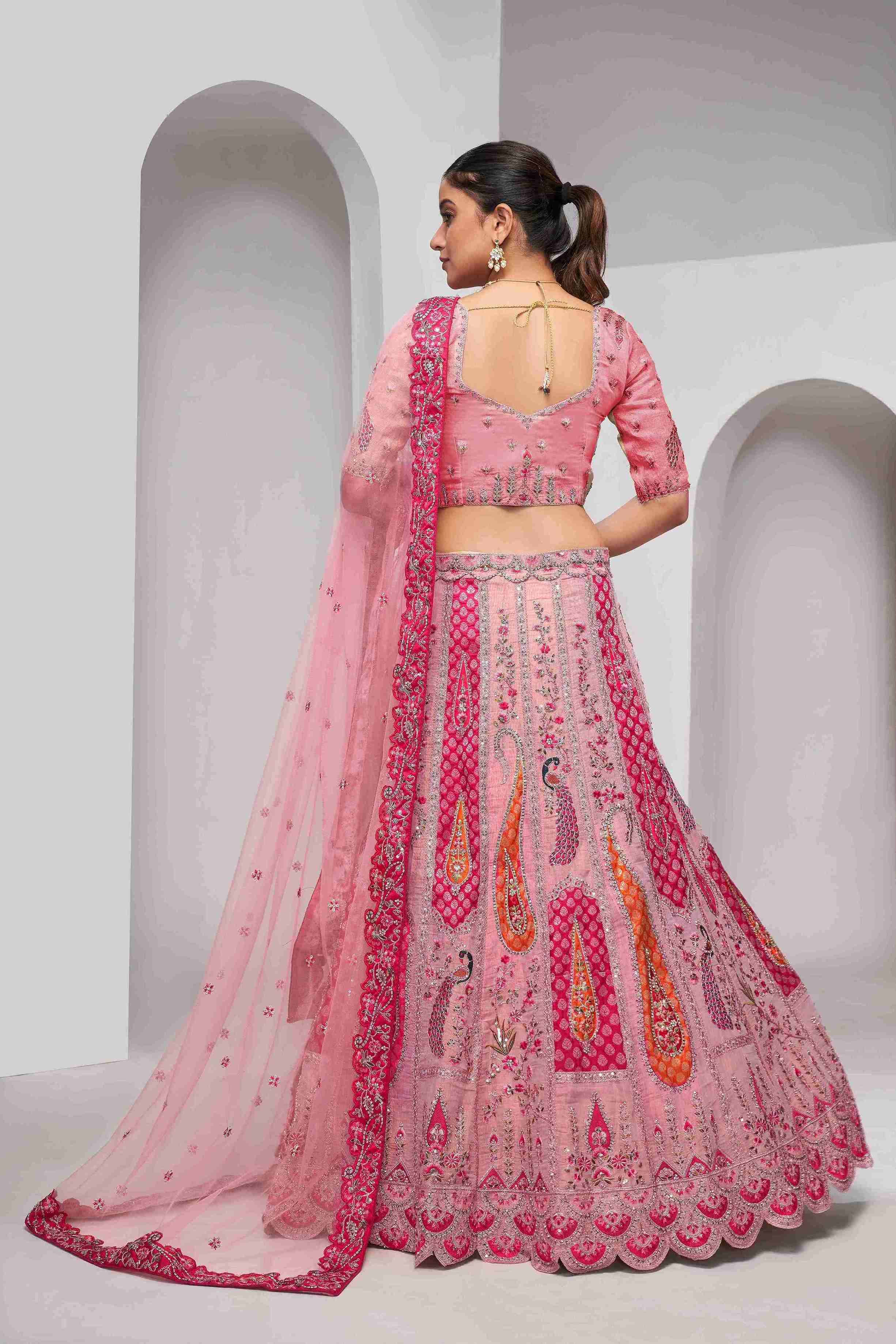 Pink Organza Silk A Line Embroidered Sequins Bridal Lehenga Choli