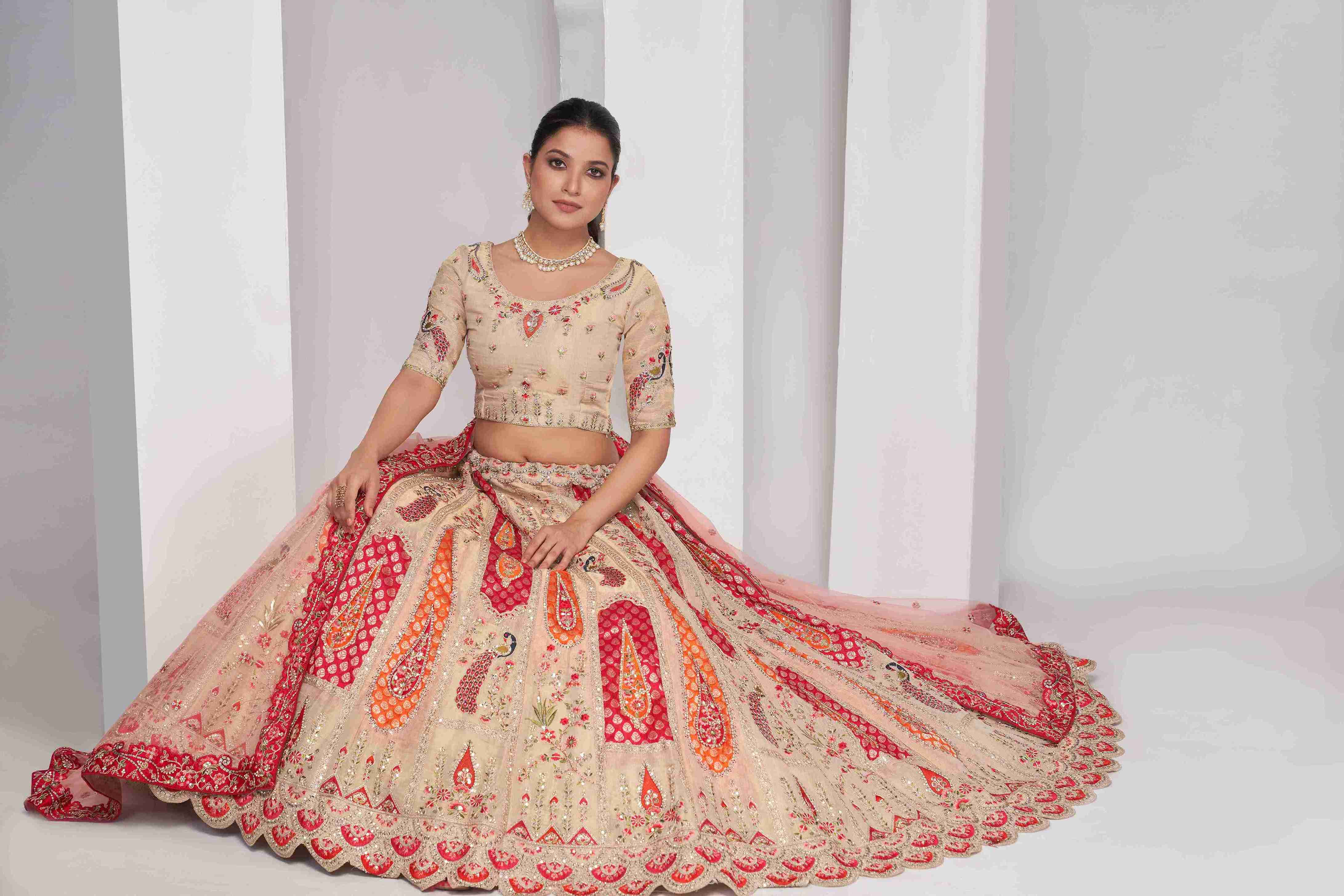 Cream Organza Silk A Line Embroidered Sequins Bridal Lehenga Choli