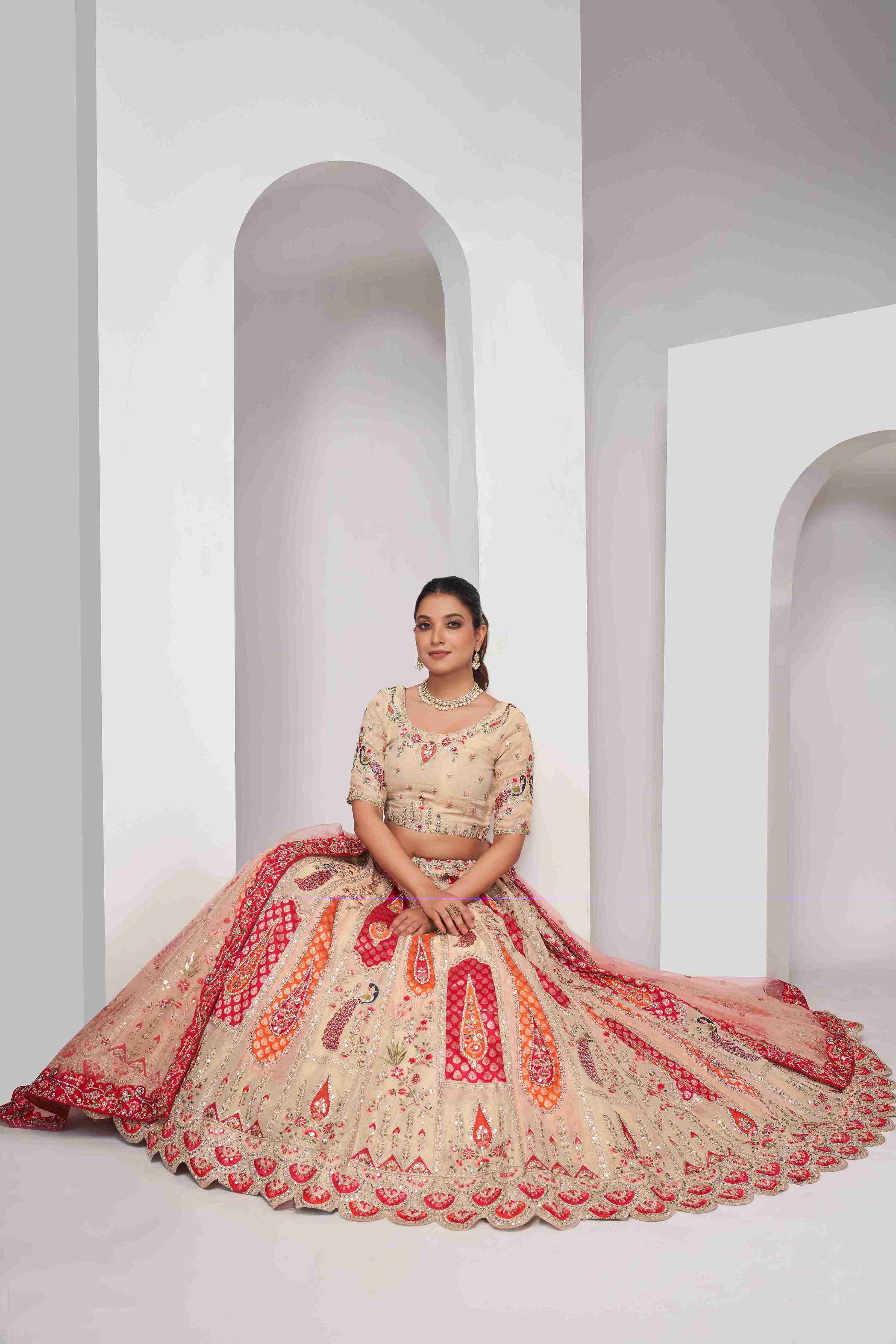 Cream Organza Silk A Line Embroidered Sequins Bridal Lehenga Choli