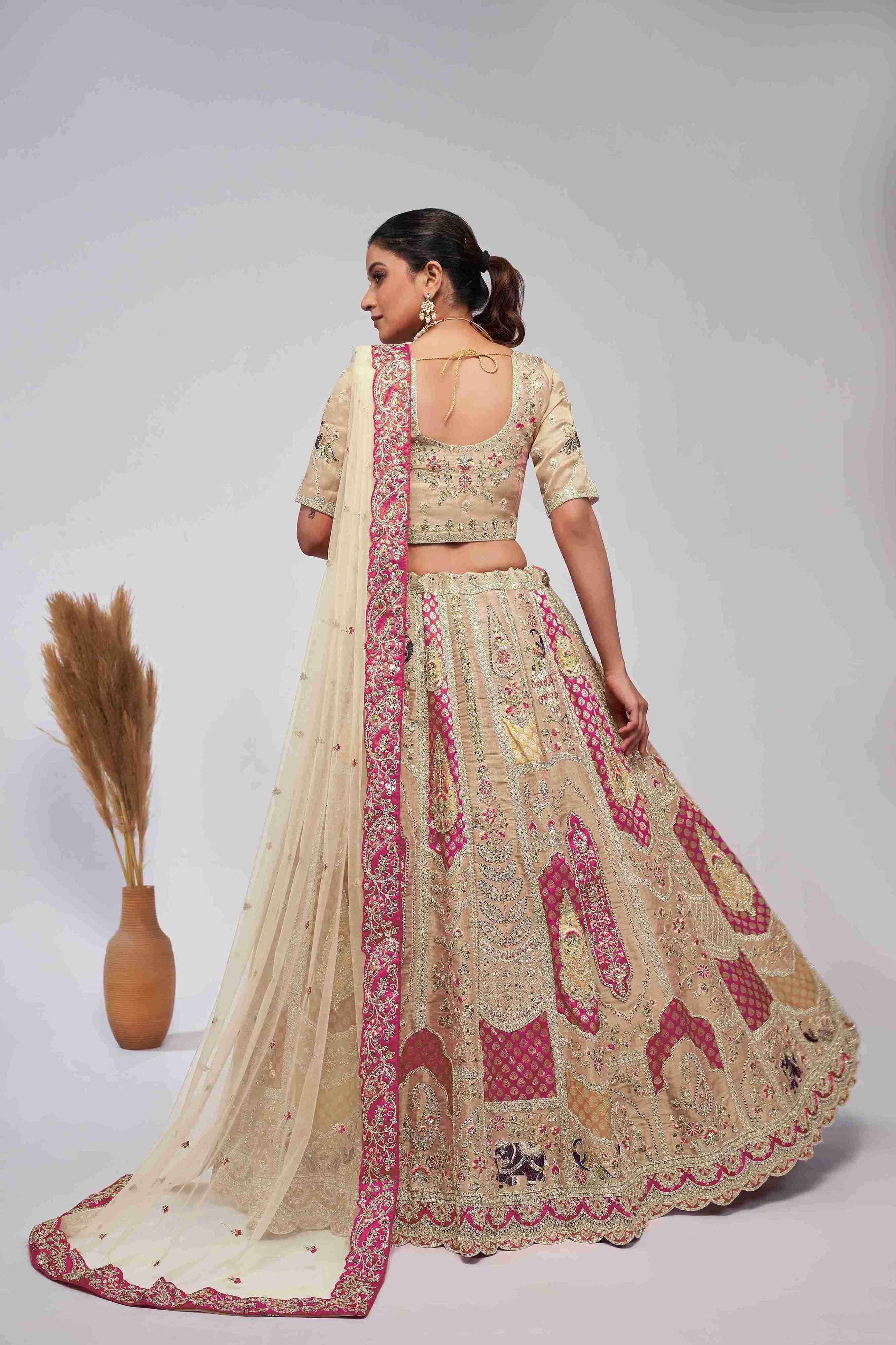 Cream Organza Silk A Line Embroidered Sequins Bridal Lehenga Choli