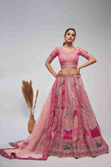 Pink Organza Silk A Line Embroidered Sequins Bridal Lehenga Choli