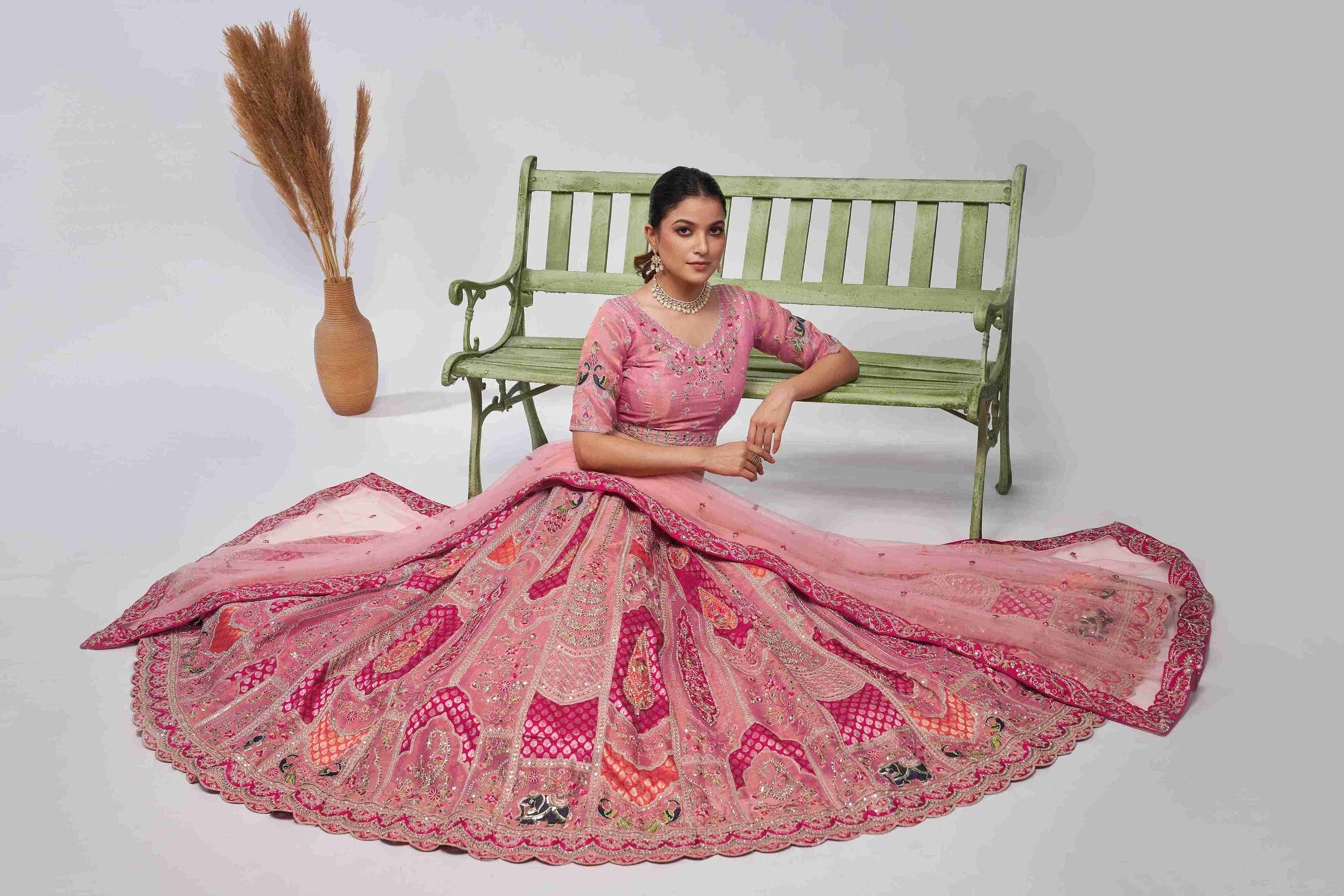 Pink Organza Silk A Line Embroidered Sequins Bridal Lehenga Choli