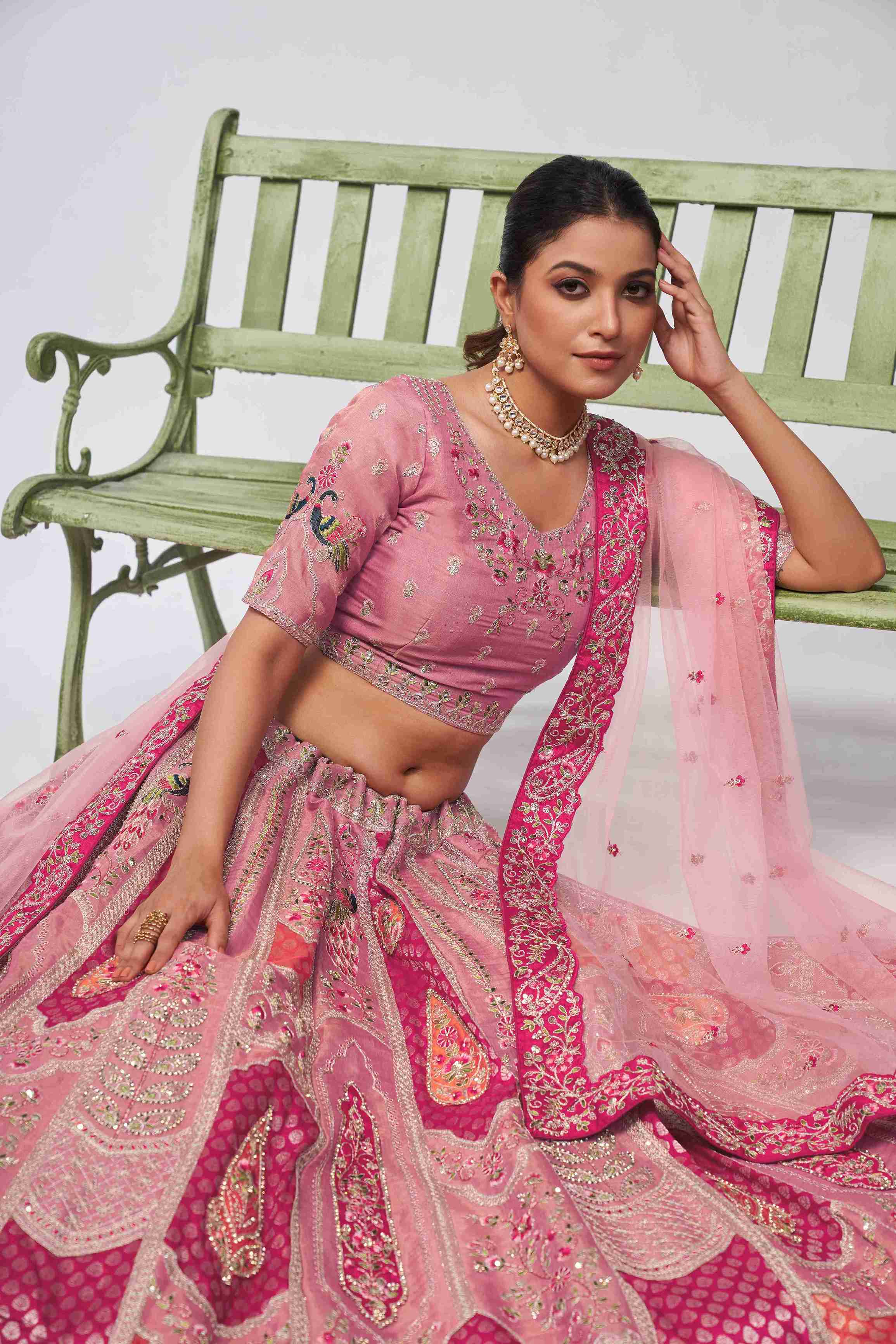 Pink Organza Silk A Line Embroidered Sequins Bridal Lehenga Choli