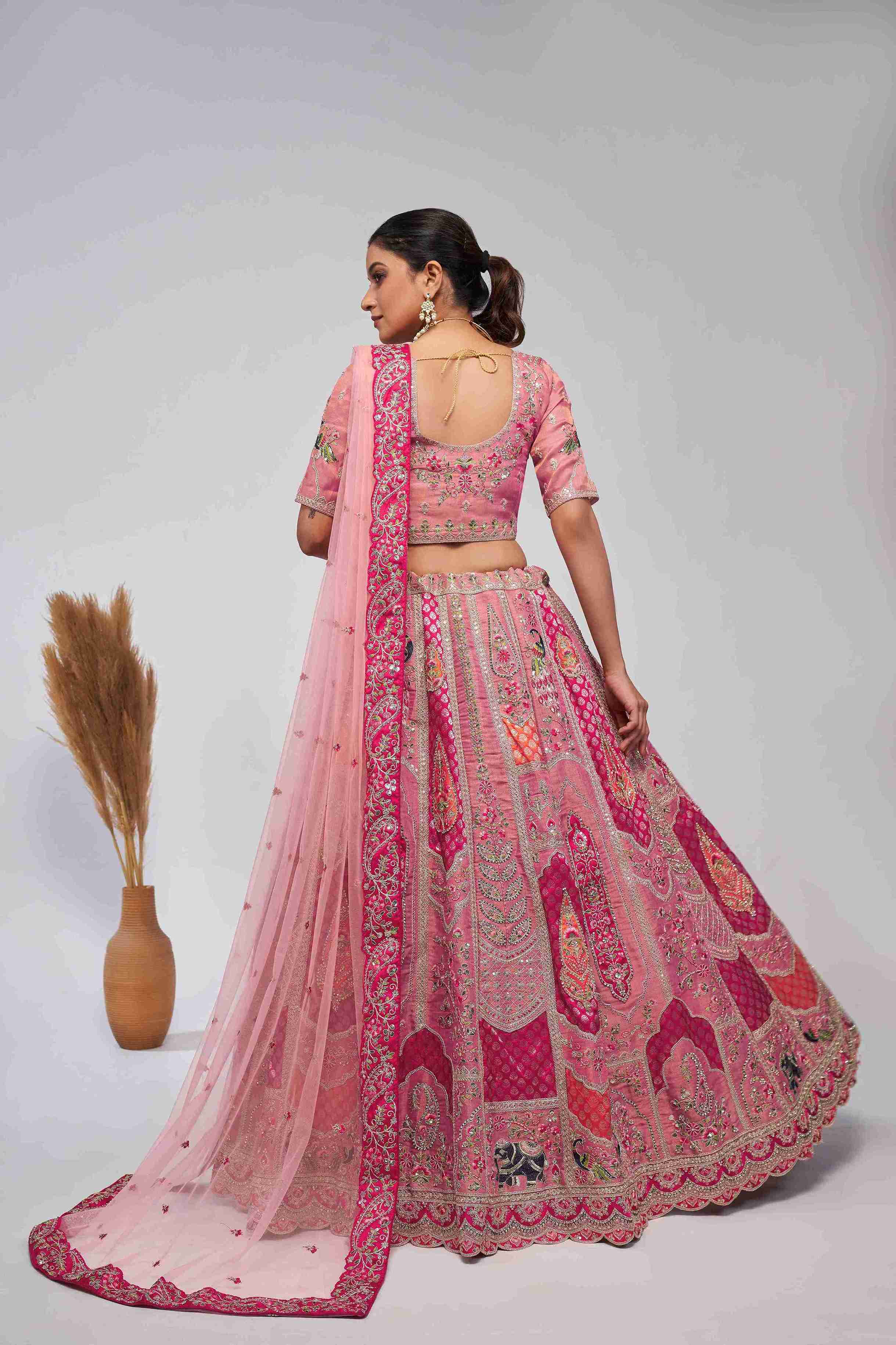 Pink Organza Silk A Line Embroidered Sequins Bridal Lehenga Choli