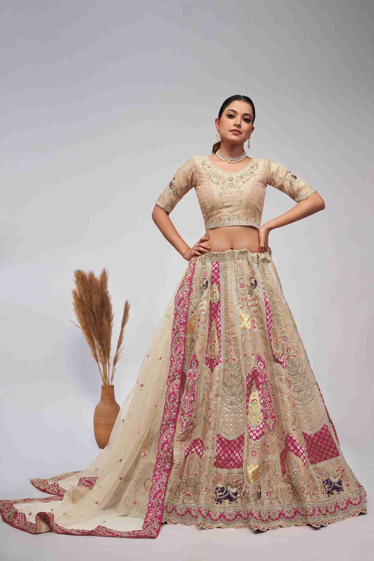 Cream Organza Silk A Line Embroidered Sequins Bridal Lehenga Choli