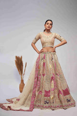 Cream Organza Silk A Line Embroidered Sequins Bridal Lehenga Choli