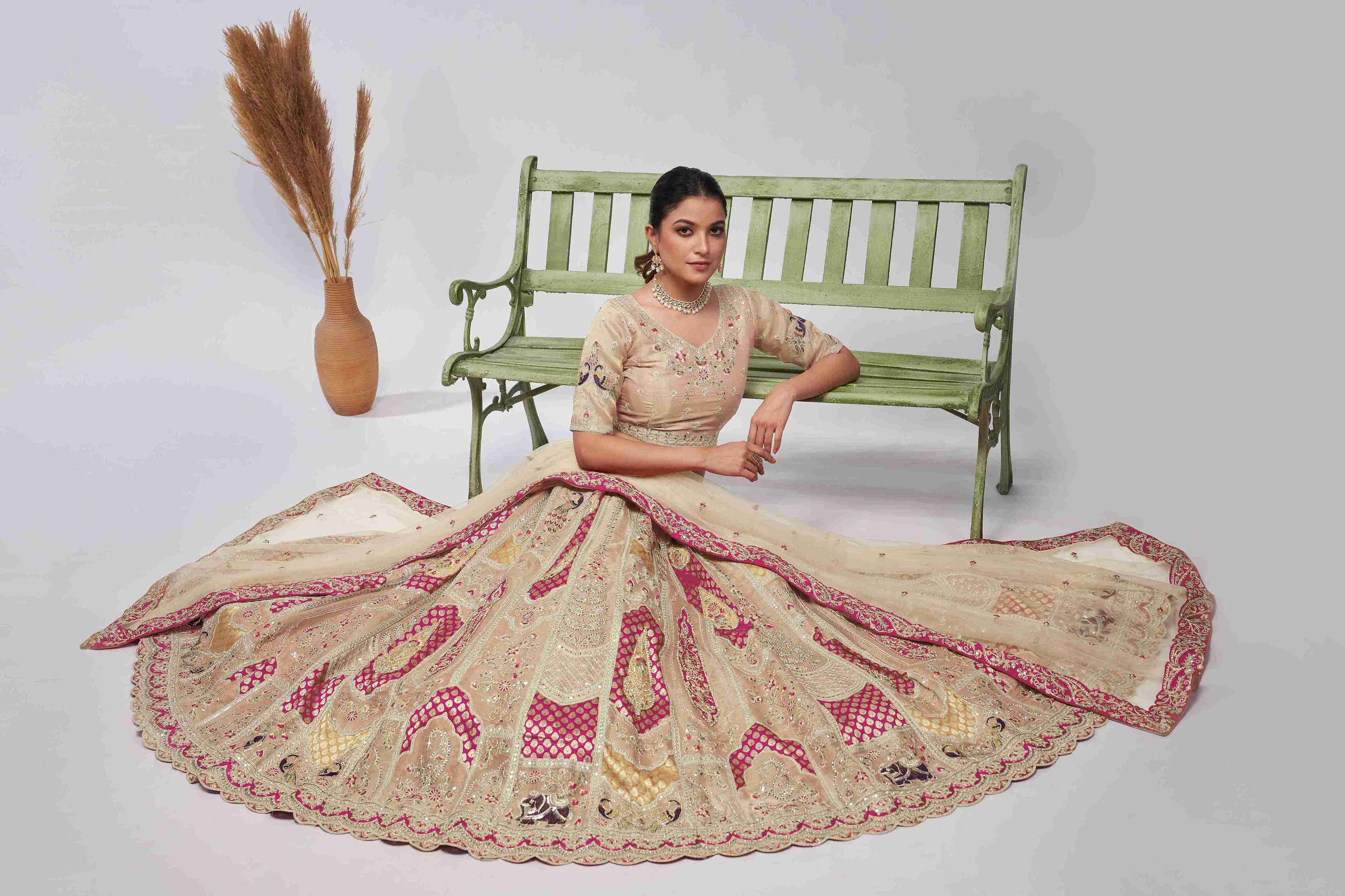 Cream Organza Silk A Line Embroidered Sequins Bridal Lehenga Choli