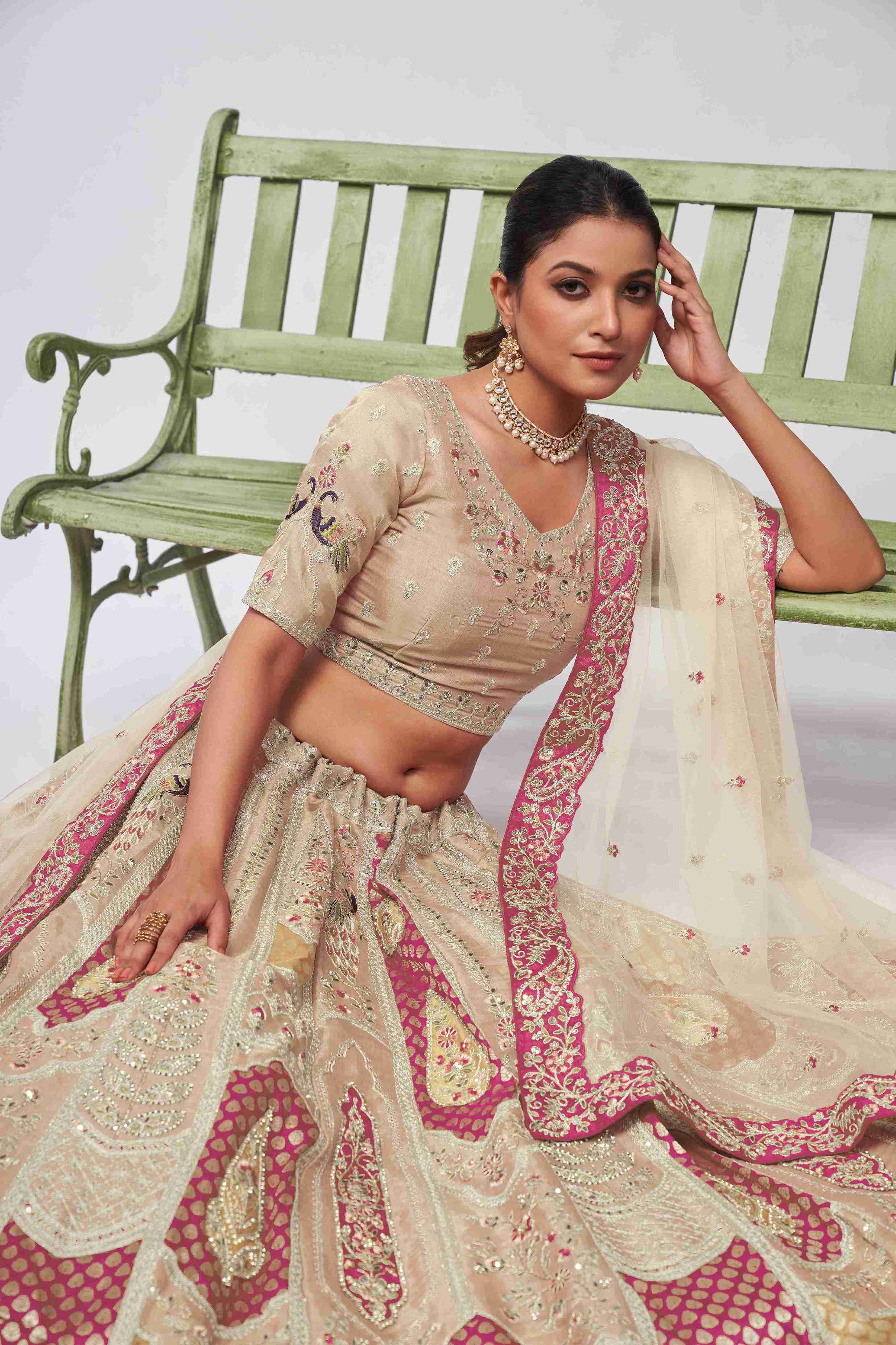 Cream Organza Silk A Line Embroidered Sequins Bridal Lehenga Choli