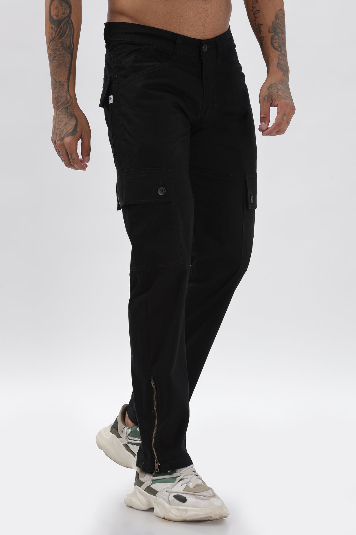 Pantalon cargo long en tissu de coton mélangé noir