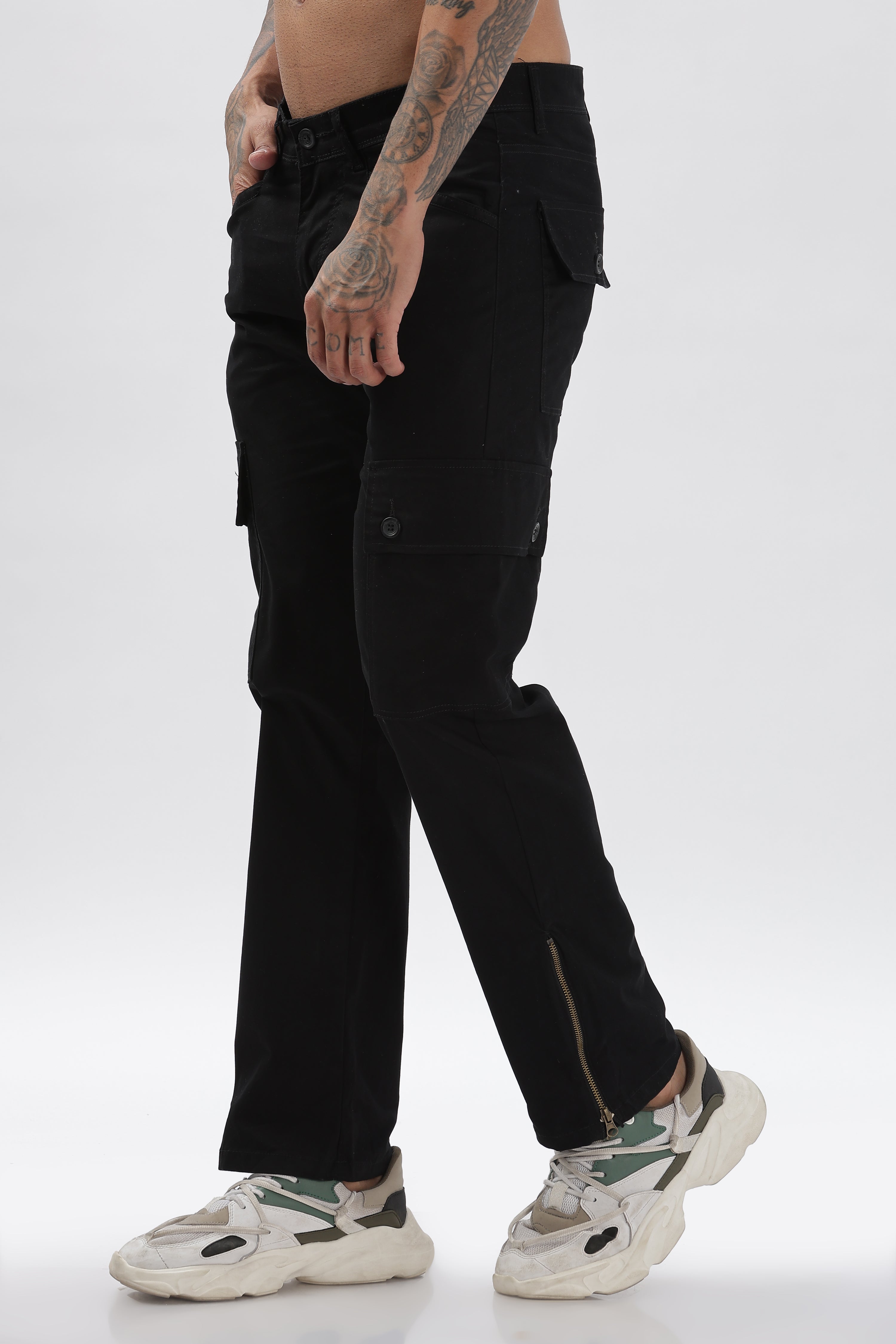 Pantalon cargo long en tissu de coton mélangé noir