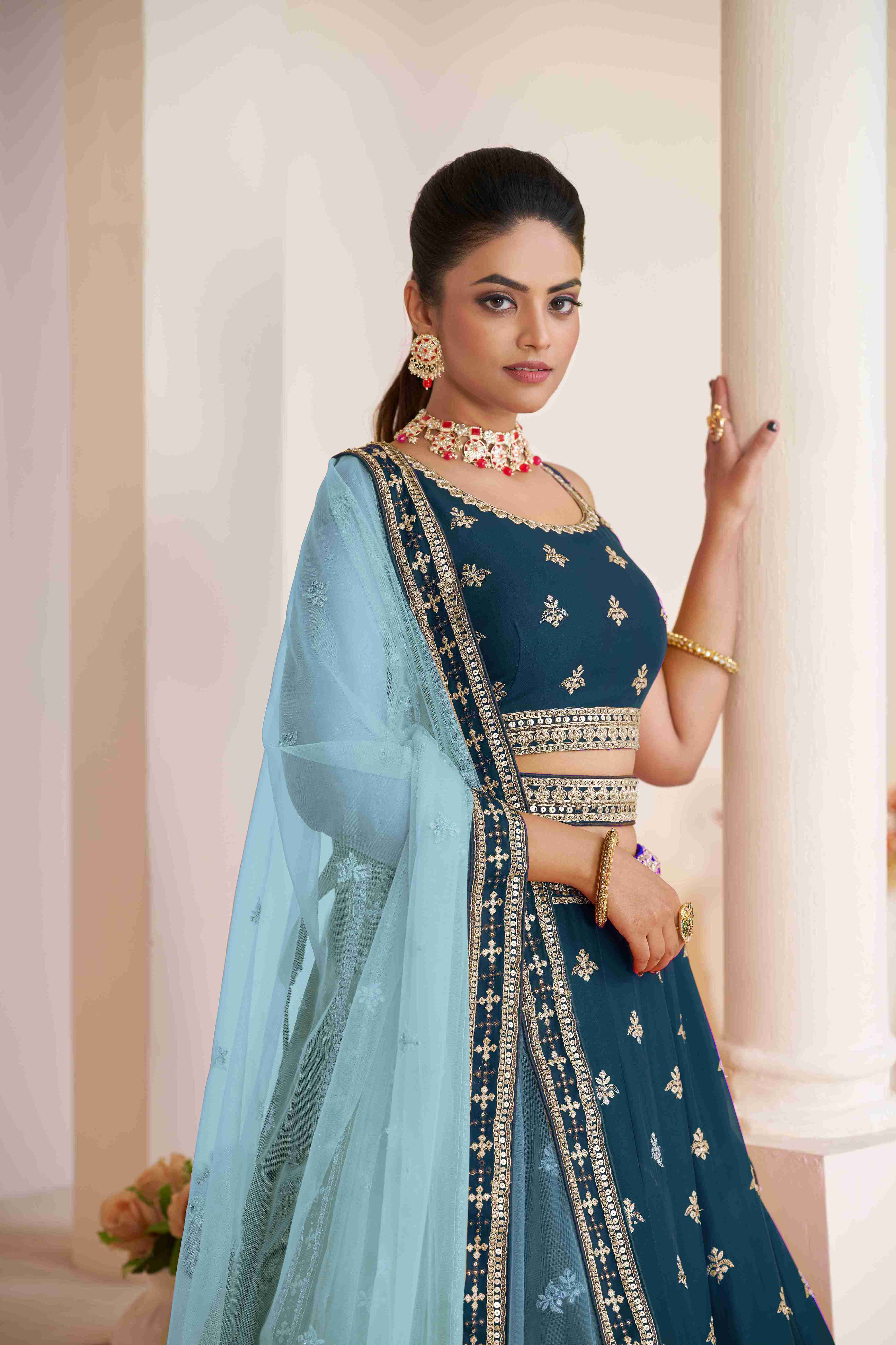 Blue Georgette A Line Embroidered Sequins Bridal Lehenga Choli