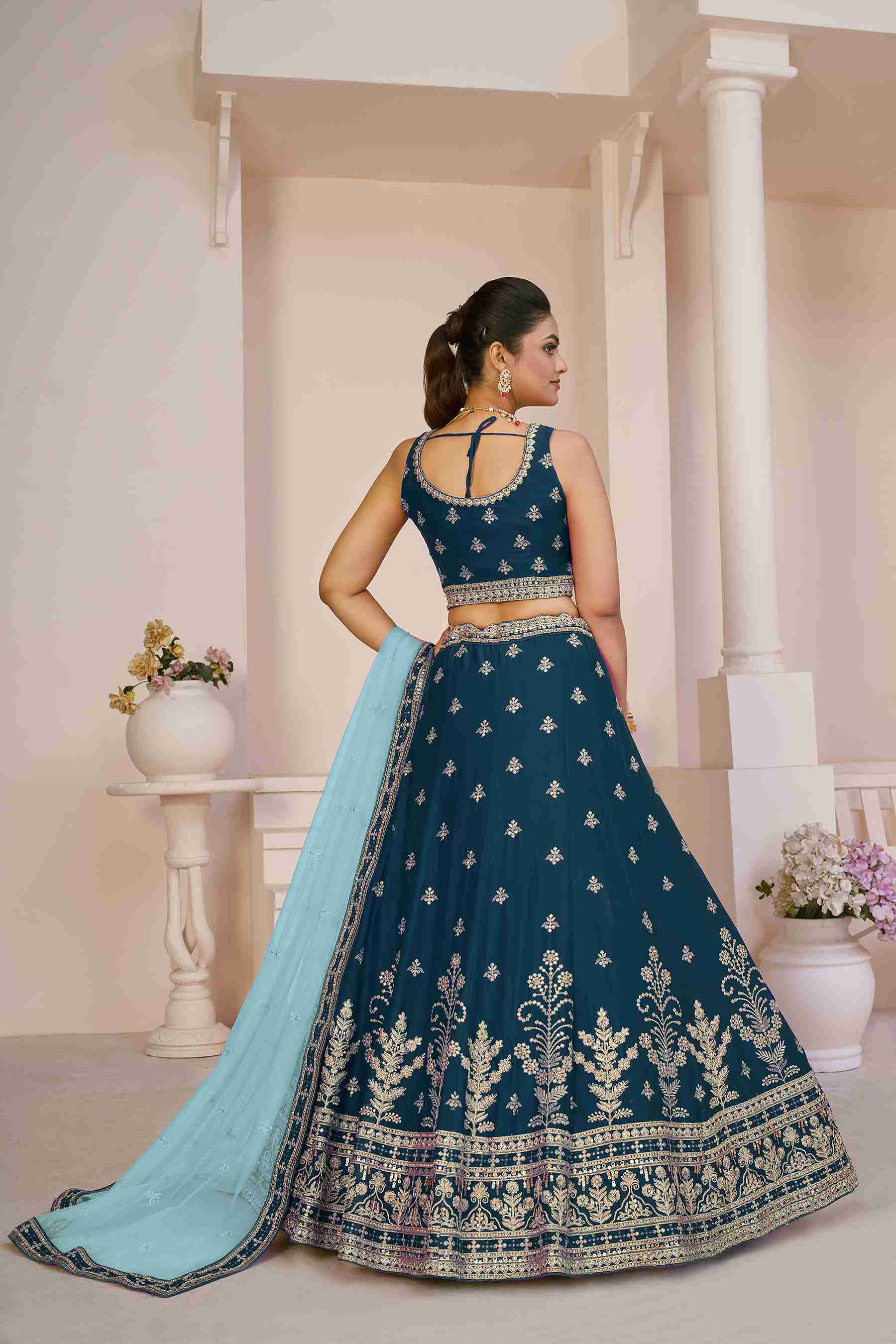 Blue Georgette A Line Embroidered Sequins Bridal Lehenga Choli