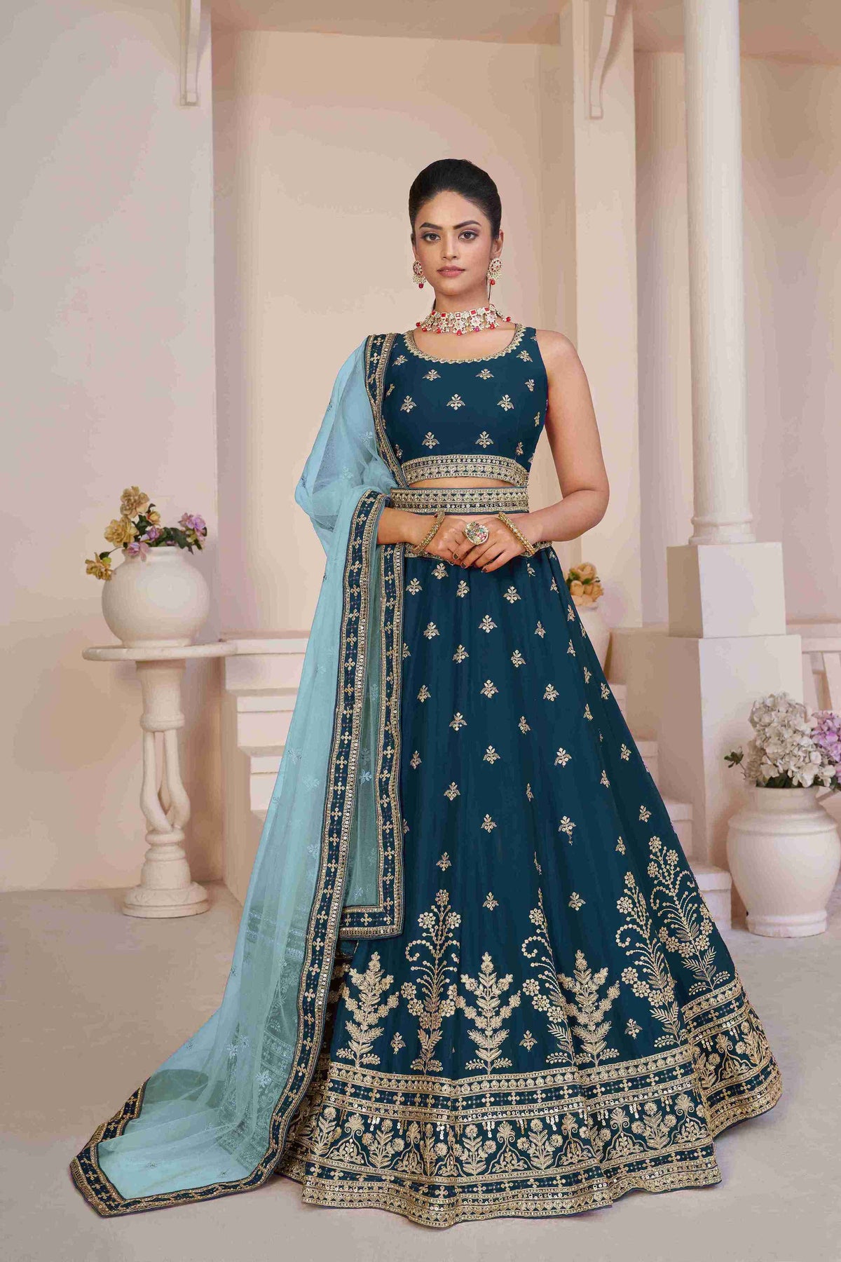 Blue Georgette A Line Embroidered Sequins Bridal Lehenga Choli