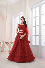 Red Net A Line Embroidered Sequins Bridal Lehenga Choli