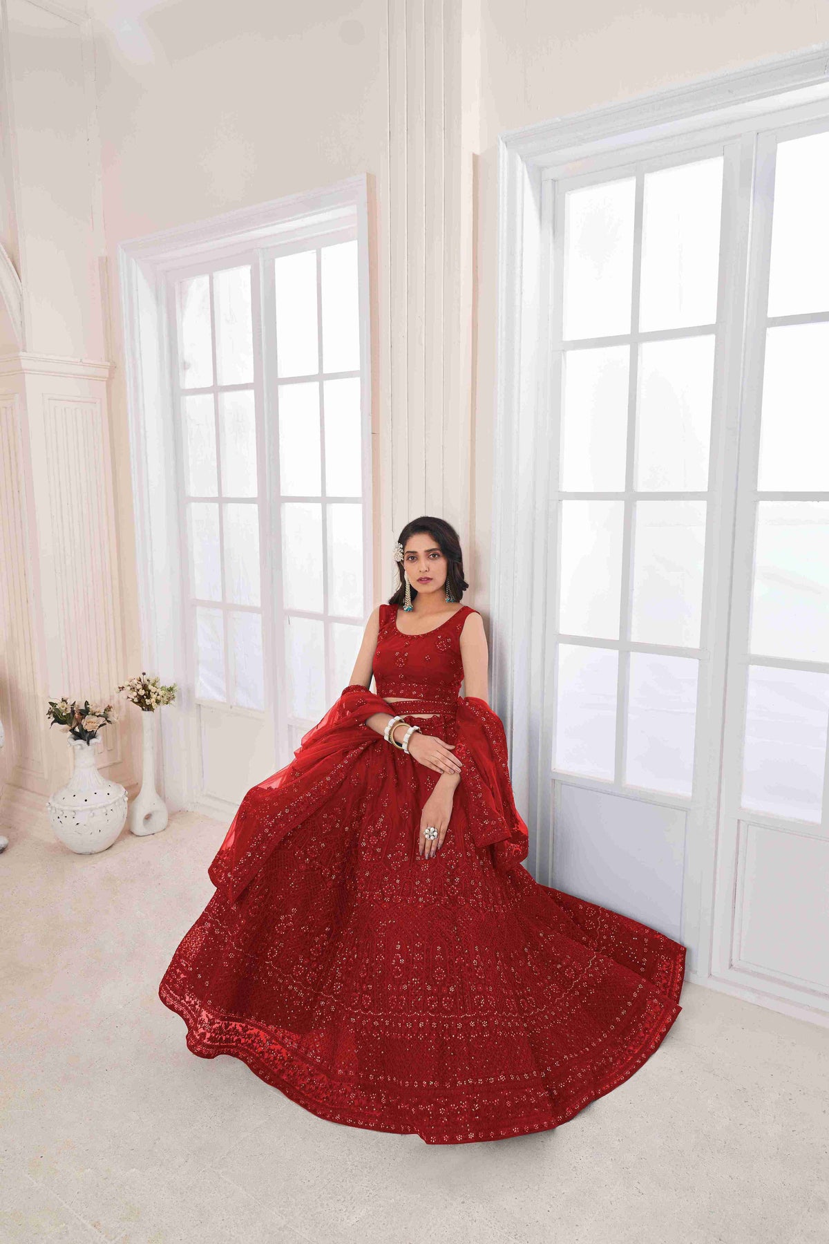 Red Net A Line Embroidered Sequins Bridal Lehenga Choli