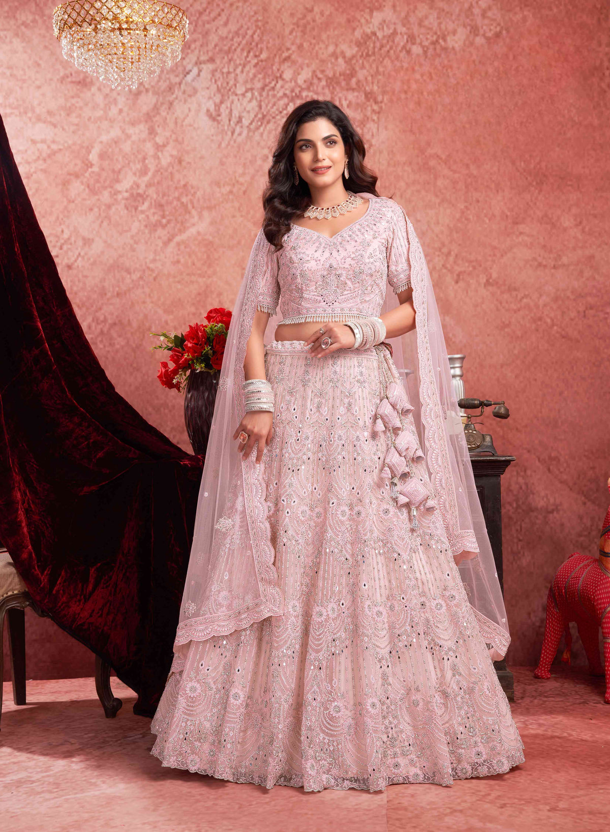 Baby Pink Net Zarkan With Latkan Bridal Lehenga Choli