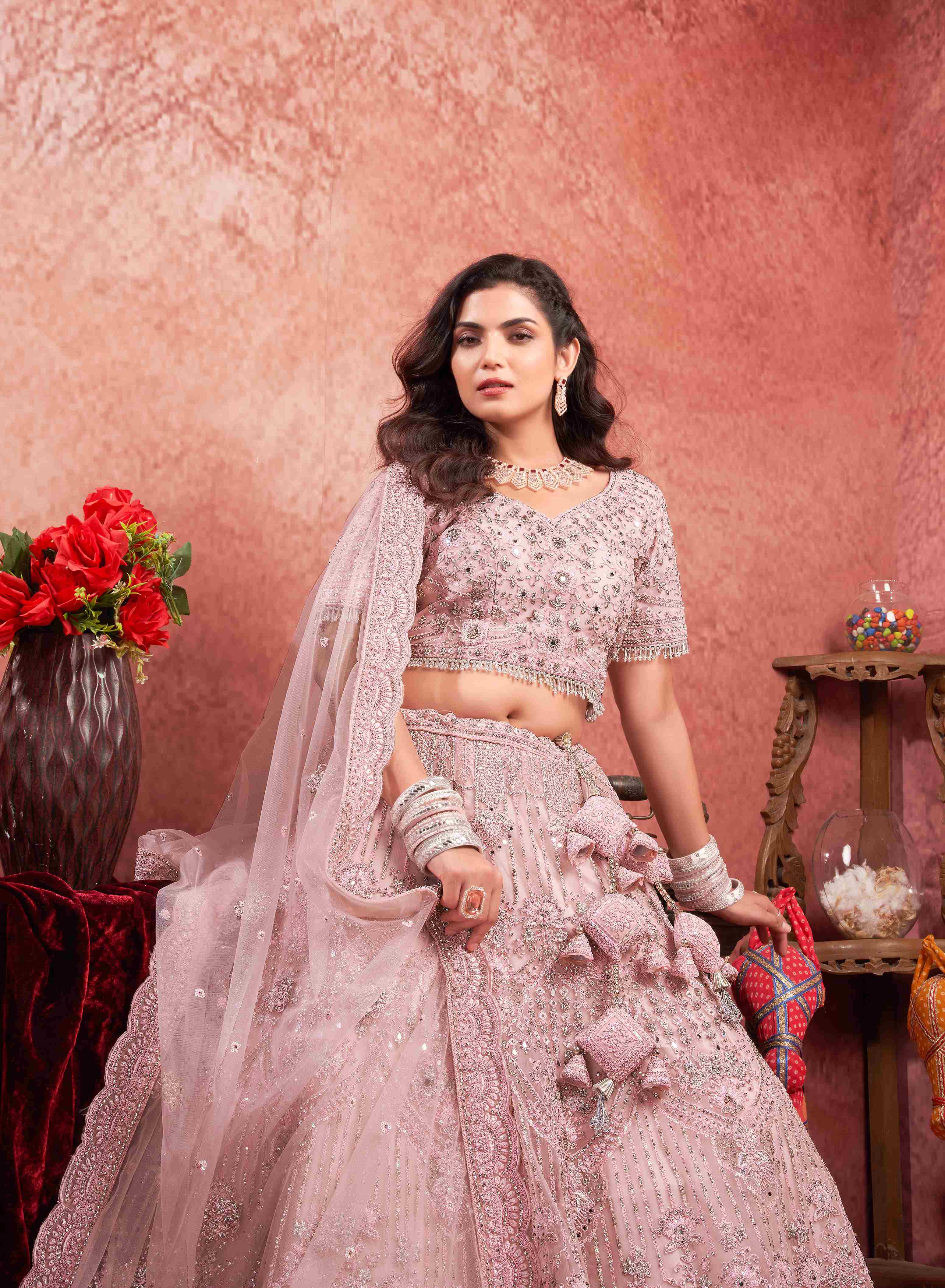 Pink Net Zarkan With Latkan Bridal Lehenga Choli