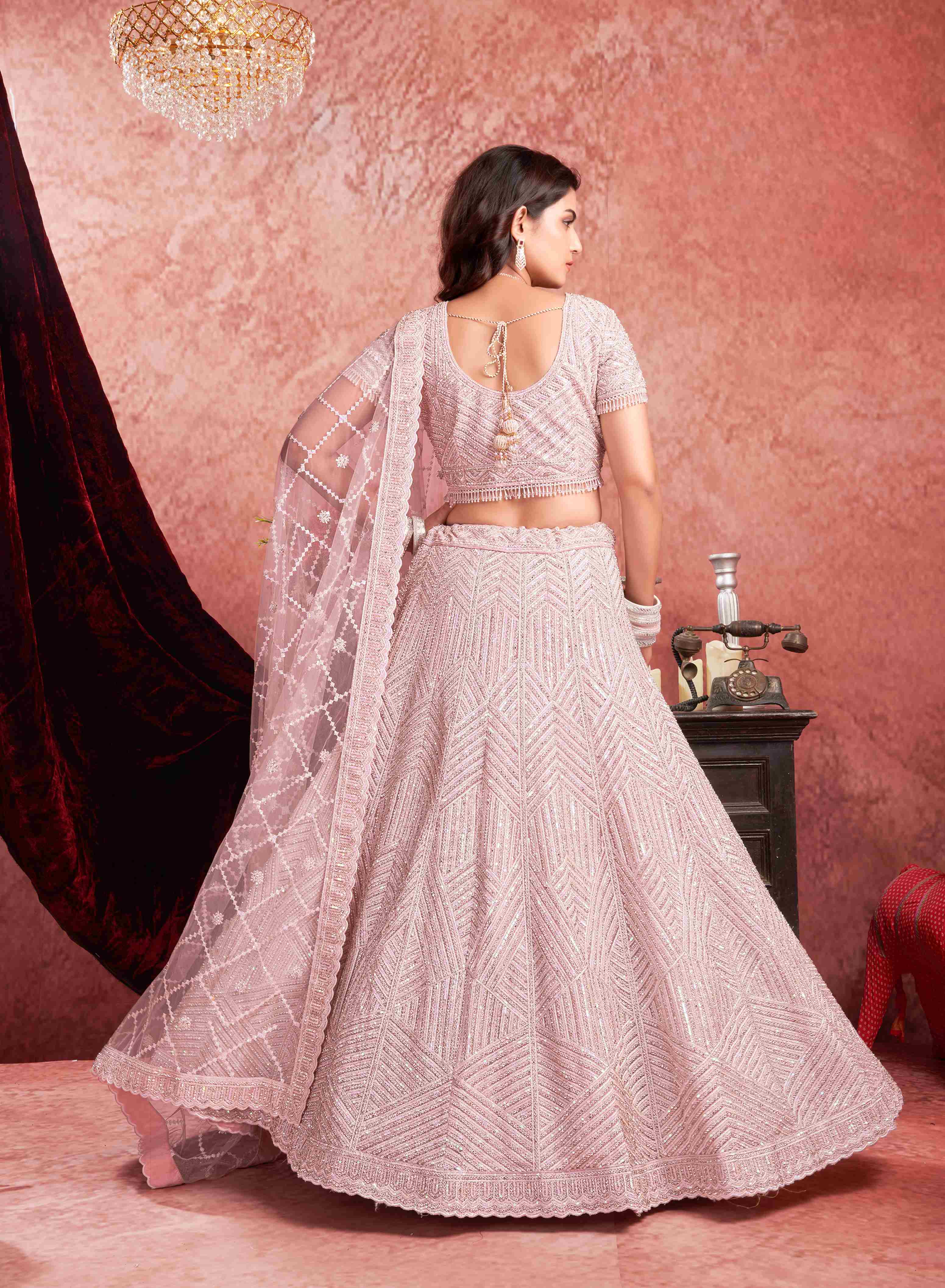 Light Pink Net Zarkan With Latkan Bridal Lehenga Choli