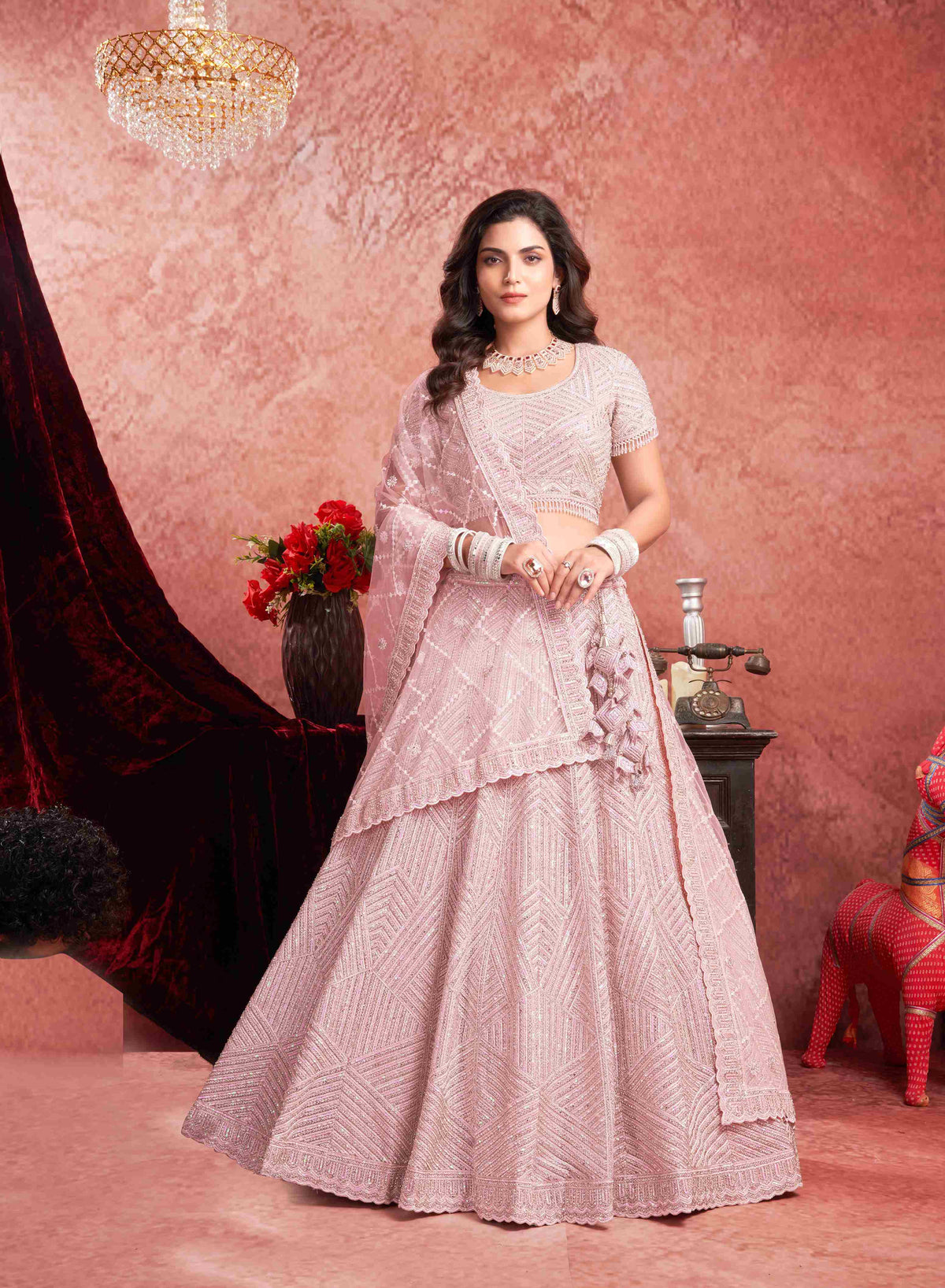 Light Pink Net Zarkan With Latkan Bridal Lehenga Choli