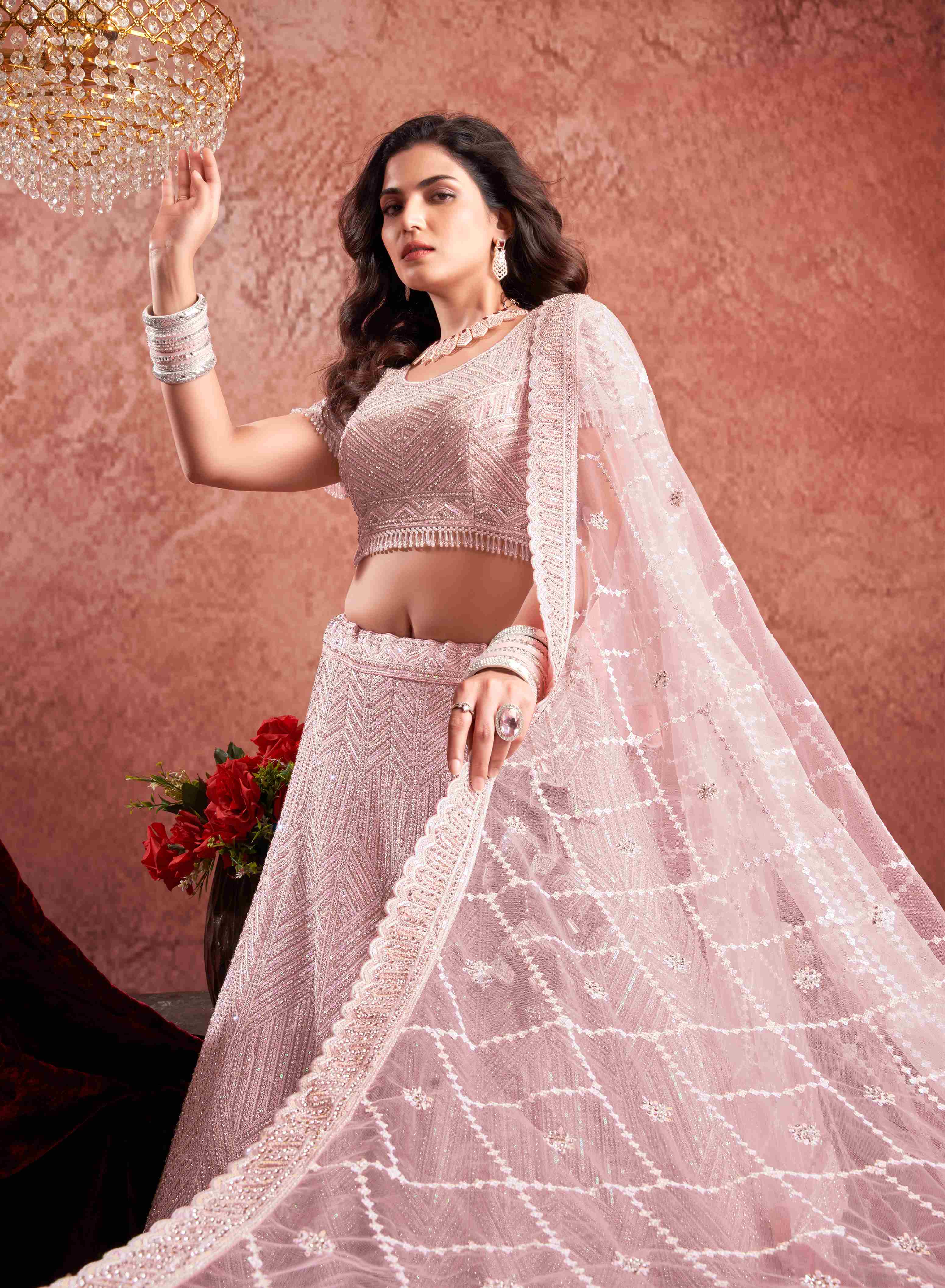 Light Pink Net Zarkan With Latkan Bridal Lehenga Choli