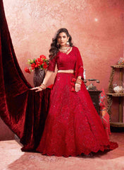 Red Net Zarkan With Latkan Bridal Lehenga Choli